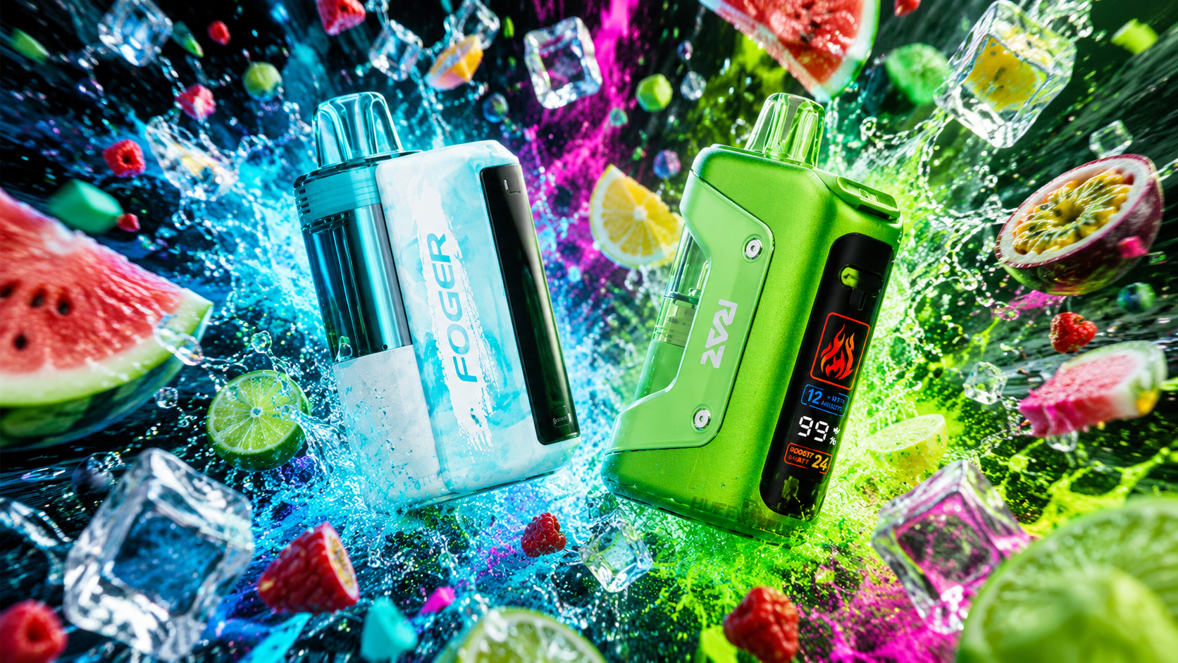 Two colorful vape devices are displayed amid splashes of liquid, ice cubes, and vibrant fruits. The light blue-and-white device is labeled “FOGER,” while the bright green device labeled “RAZ” features a digital display with icons, numbers, and the word “GOODBIT.” Surrounding watermelon, lime, lemon, raspberries, and passion fruit burst through dynamic blue and green liquid effects, emphasizing freshness and energetic flavor.
