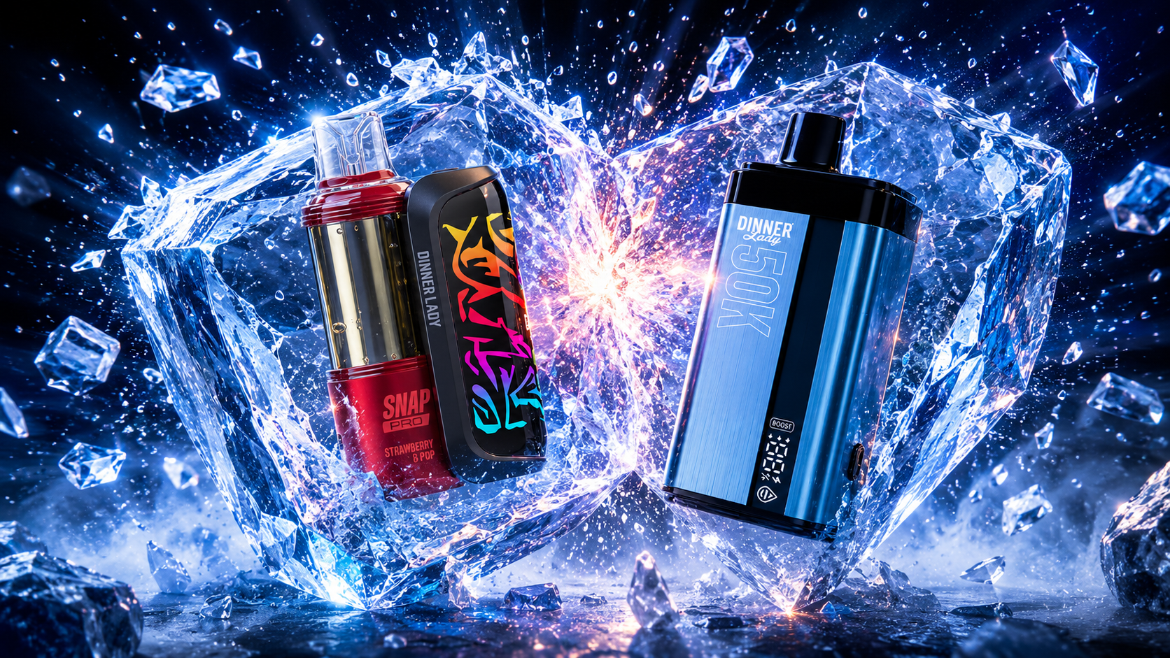 Two sleek vape devices are displayed against a glowing blue backdrop with shards of ice. The red-and-gold device reads “SNAP PRO” and “STRAWBERRY & POP” with “DINNER LADY” branding, while the metallic blue-and-black device shows “DINNER LADY 50K BOOST” and features a digital display. Bright lighting and icy fragments create a striking, high-tech composition that emphasizes coolness and energy.
