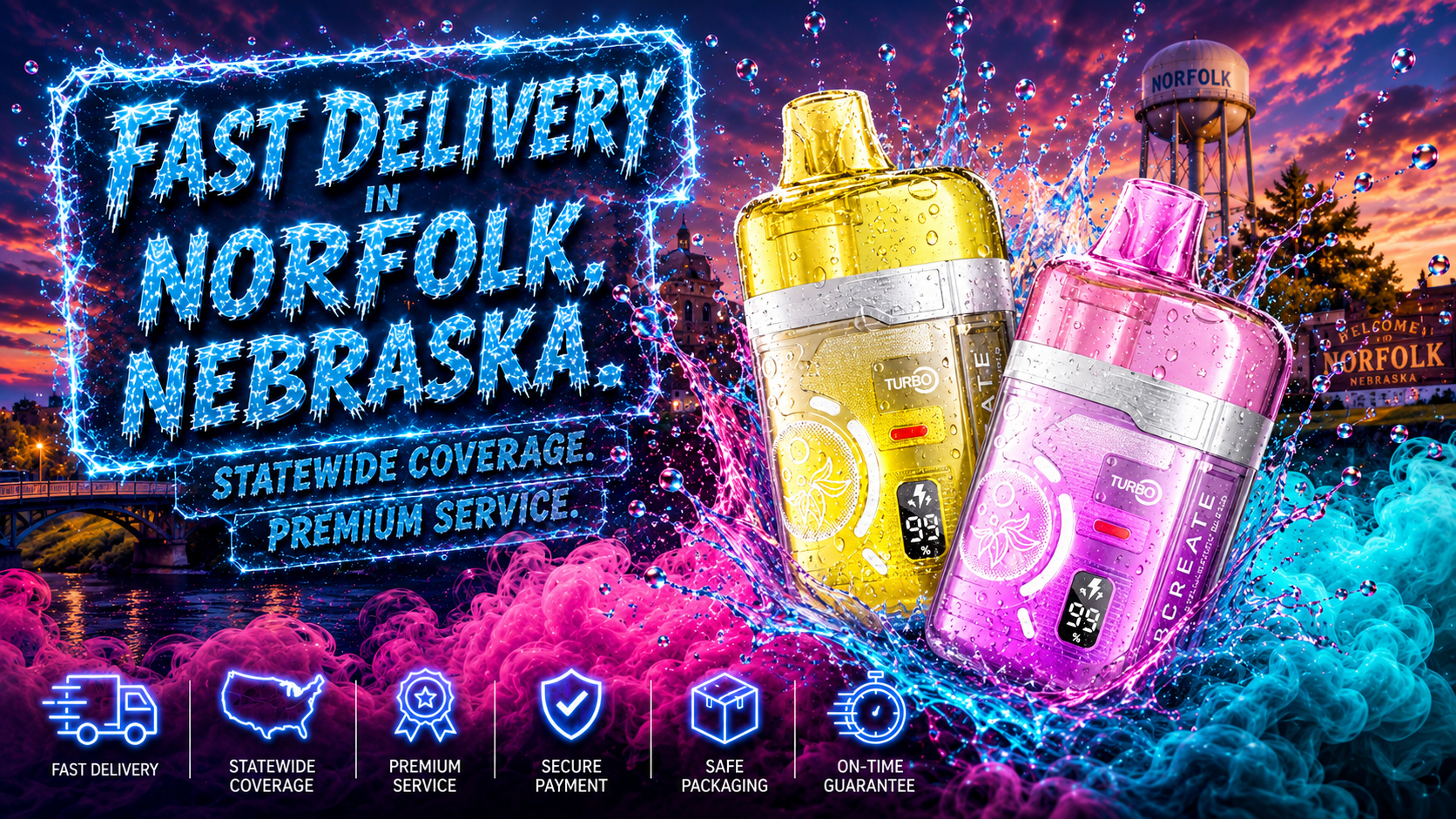 Two sleek vape devices in gold and pink are displayed against a vibrant backdrop of swirling vapor clouds. The scene features Norfolk landmarks, including the water tower and welcome sign, highlighting fast delivery and premium service in Nebraska. The energetic composition emphasizes bold design, freshness, and local branding.