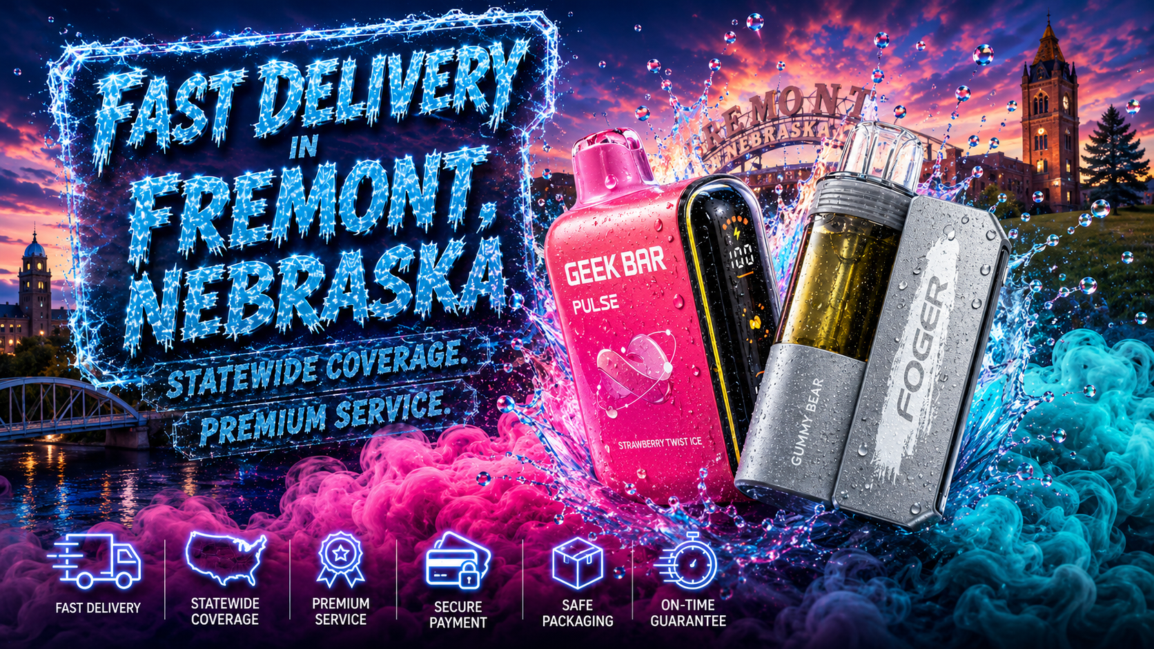 Two vape devices labeled “GEEK BAR PULSE” and “FOGER” are displayed against the Fremont skyline at sunset. Splashes of liquid and glowing effects surround the products, creating a vibrant and dynamic look. Bold text highlights fast delivery, statewide coverage, and premium service in Nebraska.