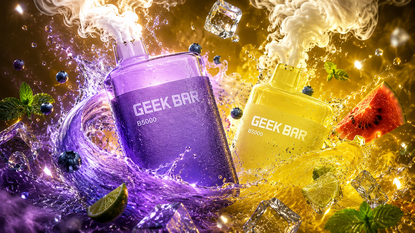 Two “Geek Bar B5000” vape devices stand side by side amid a dynamic splash of water, vapor, and fruit. The purple and yellow devices emit thick clouds of smoke, surrounded by ice cubes, blueberries, lime wedges, mint leaves, and a slice of watermelon. Bright golden and violet lighting creates a sense of energy and freshness, highlighting the glossy surfaces of the vapes. The composition evokes flavor intensity, motion, and modern design through bold color contrast and fluid movement.
