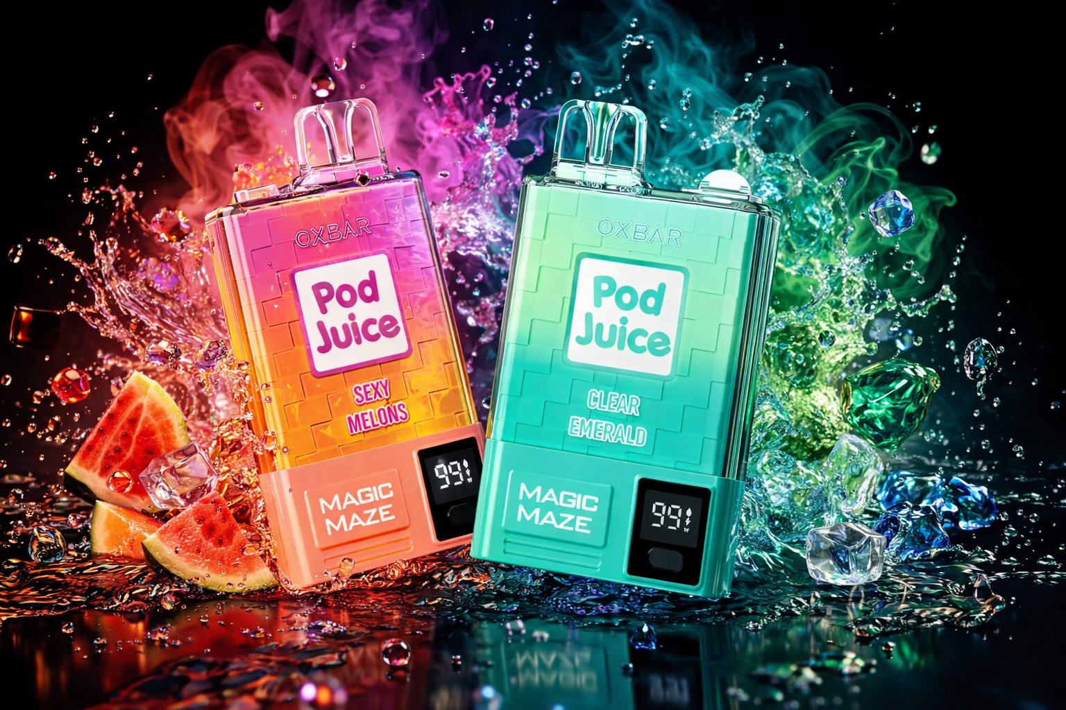 The image shows two colorful vape devices labeled “OXBAR Pod Juice,” surrounded by splashing liquid, ice cubes, and vibrant smoke effects. The orange‑pink device is paired with watermelon slices, while the turquoise‑green one appears with emerald‑like crystals. Both screens display “99%,” adding a futuristic digital touch. The overall scene highlights bold flavors, bright colors, and a dynamic, high‑energy aesthetic.