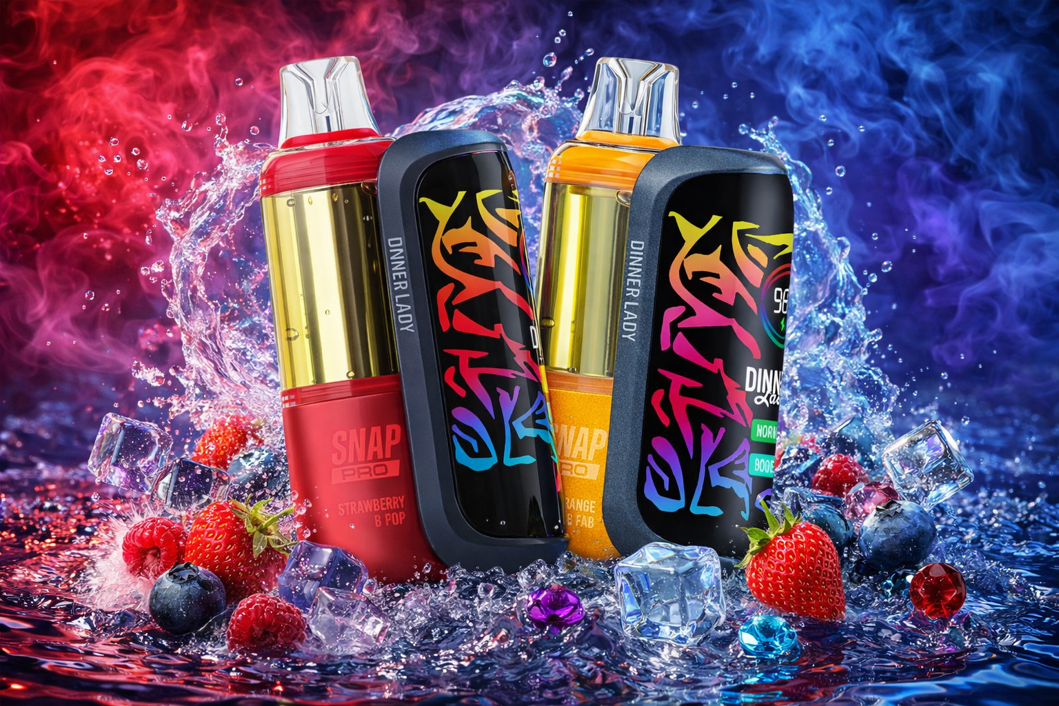 Three colorful “Dinner Lady SNAP PRO” vape devices stand amid splashing water, ice cubes, and fresh berries. The red device labeled “Strawberry & Pop” and the orange one labeled “Orange & Fab” feature sleek metallic finishes and multicolored abstract designs. Dynamic red and blue vapor fills the background, creating a high-energy, refreshing atmosphere that highlights flavor and modern style.