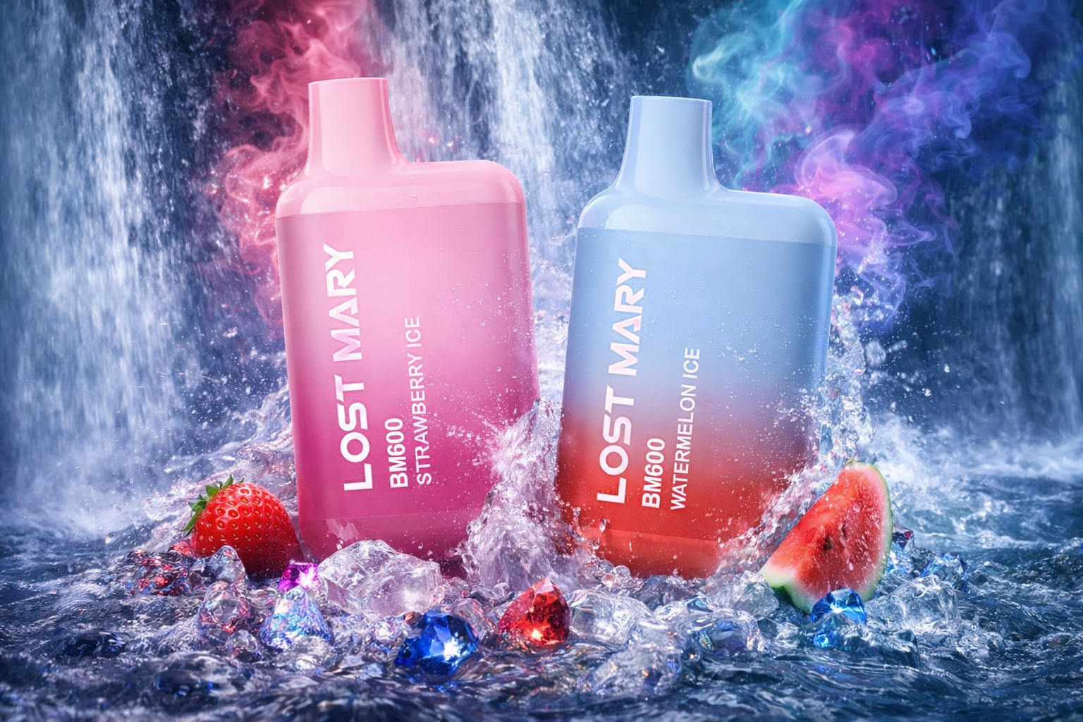 The image shows two colorful vape devices labeled “Lost Mary BM600,” placed in splashing water with ice cubes, gemstones, and fruit pieces. The pink device represents the Strawberry Ice flavor, while the blue one highlights Watermelon Ice. A misty waterfall backdrop and vibrant lighting create a cool, refreshing atmosphere. The overall scene emphasizes bold fruity flavors and a dynamic, eye‑catching design.