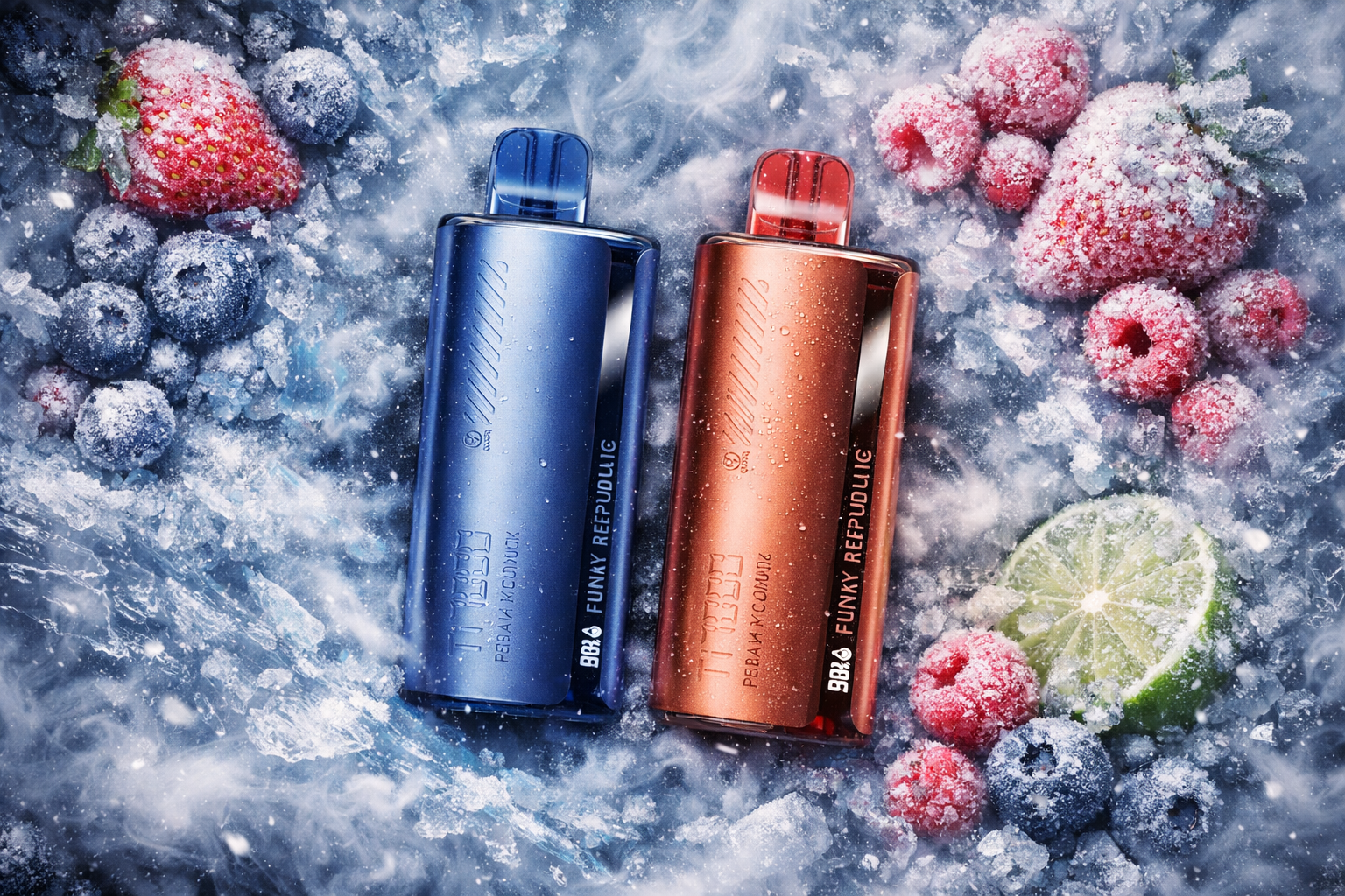 Two sleek vape devices labeled “FUNKY REPUBLIC Ti7000” lie side by side on a frosty surface surrounded by frozen berries, strawberries, raspberries, blueberries, and a slice of lime. The left device is metallic blue, while the right one is metallic copper, both covered in condensation droplets that emphasize cold freshness. Ice crystals and mist create a chilled, vibrant atmosphere, highlighting the contrast between the cool blue and warm copper tones. The composition evokes a sense of icy fruit flavor and premium design.