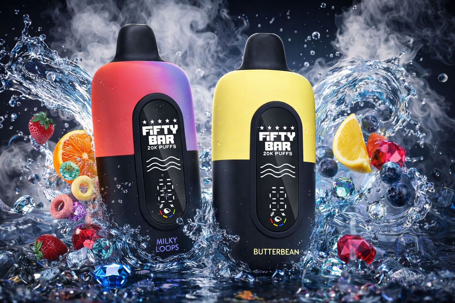 The image shows two colorful vape devices labeled “Fifty Bar 20K Puffs,” surrounded by splashing water, fruit, and bright gemstones. The left device features a red‑purple‑blue gradient with the flavor name “Milky Loops,” while the right device is yellow and black with the flavor “Butterbean.” Both devices include digital displays that add a modern, tech‑driven feel. The vibrant colors and dynamic motion create an energetic, flavor‑focused visual impression.