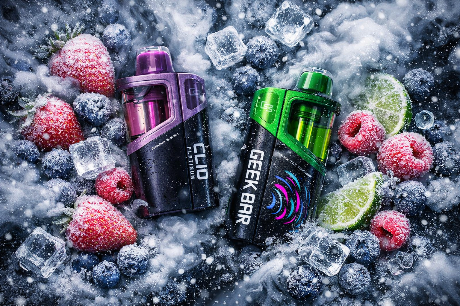Two vape devices—a purple Clio Platinum and a green Geek Bar—rest on a frosty surface surrounded by frozen fruits and ice cubes. Strawberries, raspberries, blueberries, and lime slices are covered in snow, creating a cold, refreshing atmosphere. Mist and frost enhance the sense of chill and flavor intensity. The composition contrasts vibrant colors and icy textures, symbolizing freshness and premium design.