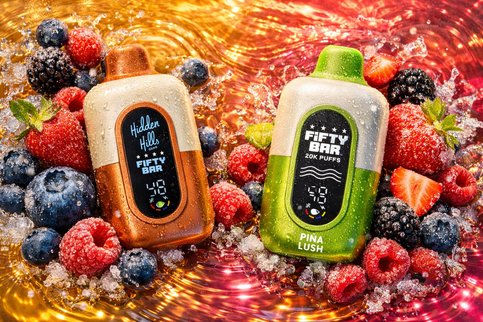 Two vape devices labeled “Fifty Bar” are placed among fresh berries and ice on a swirling golden background. The left device, in copper and cream tones, reads “Hidden Hills Club Fifty Bar” with a digital display showing “48.” The right device, in green and cream, features the flavor “Pina Lush” and a display showing “49.” The composition combines vibrant fruit colors, water droplets, and warm light reflections to evoke freshness, flavor, and energy.