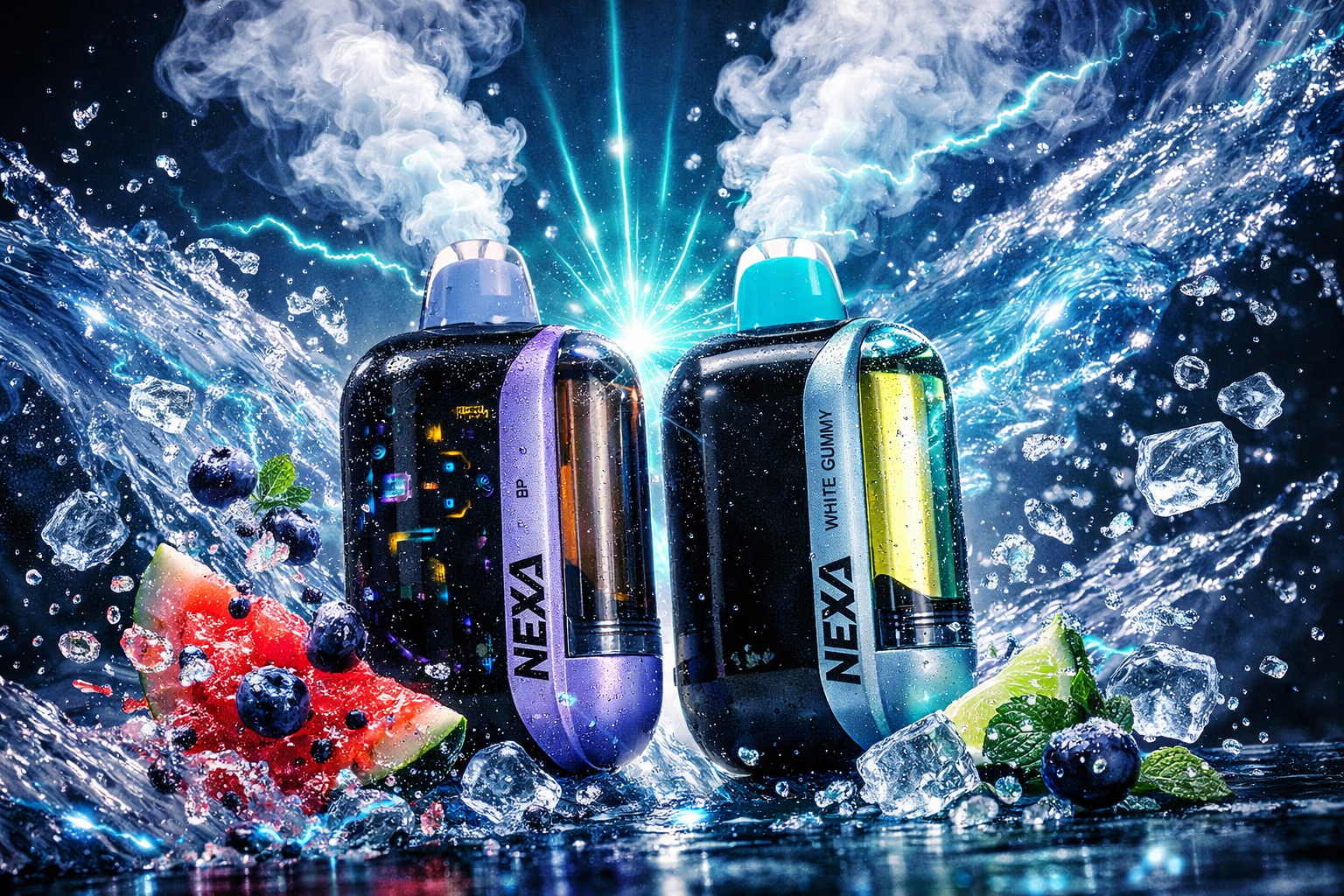 Two NEXA disposable vape devices captured in a close-up, electrifying product shot against a deep navy blue background with dramatic cyan lightning bolts bursting between the two devices and dynamic water splashes swirling around them. The left device features a black body with a purple side accent panel and a visible cylindrical coil labeled 