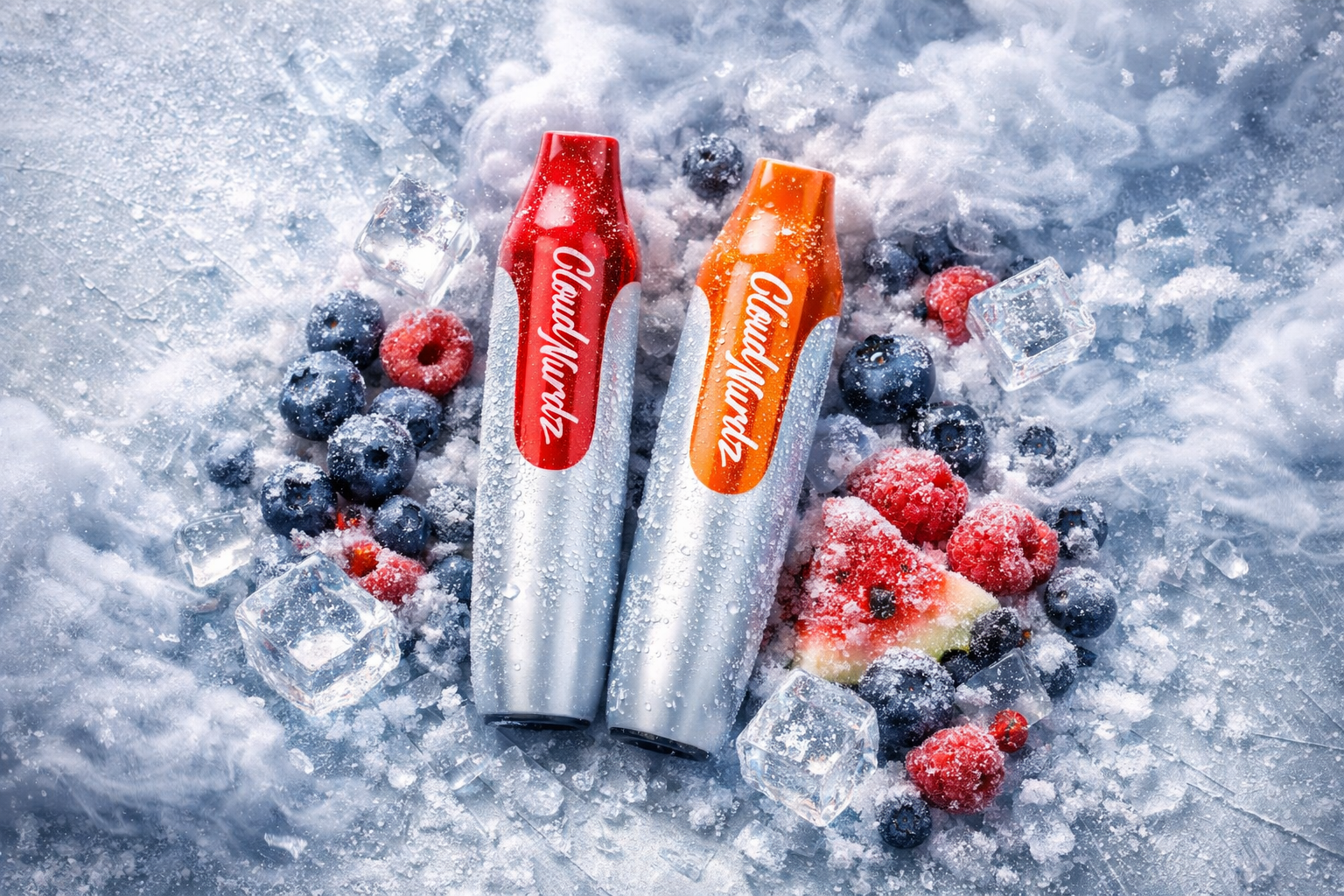 Two CloudNurdz vape devices lie side by side on a frosty surface surrounded by ice cubes, frozen berries, and mist. The left device has a red top, and the right one has an orange top, both with sleek silver bodies covered in condensation droplets. Around them are frozen blueberries, raspberries, and pieces of watermelon, creating a cool, refreshing atmosphere. The composition emphasizes vibrant color contrast and icy textures, evoking a sense of chill and fruity flavor.