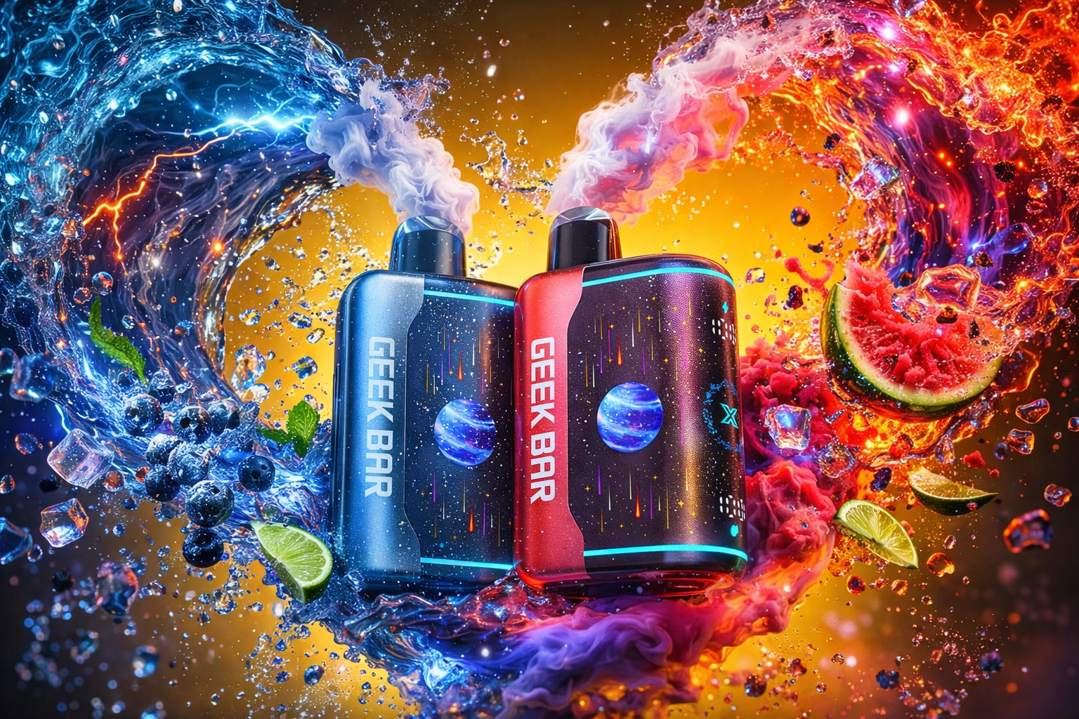 Two “Geek Bar” vape devices stand side by side amid a cosmic swirl of vapor, water, and fruit. The blue device on the left and the red one on the right both feature glowing planet graphics, surrounded by dynamic waves of blue lightning and fiery orange mist. Around them are ice cubes, blueberries, lime slices, watermelon pieces, and mint leaves, creating a vibrant, energetic composition. The image blends futuristic design with natural freshness, symbolizing bold flavor and motion through intense color contrast.
