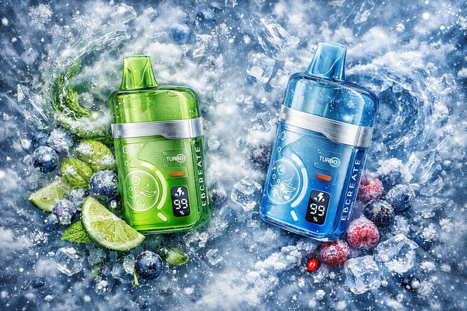 Two sleek vape devices labeled “EB CREATE” rest on a frosty surface surrounded by ice cubes, mint leaves, lime slices, and frozen berries. The left device, in bright green, displays “TURBO” and “99 %” on its digital screen, while the right one, in cool blue, shows similar markings. Frost and swirling mist envelop the scene, emphasizing a cold, refreshing atmosphere. The composition highlights vibrant colors and crisp textures, evoking a sense of icy freshness and modern design.
