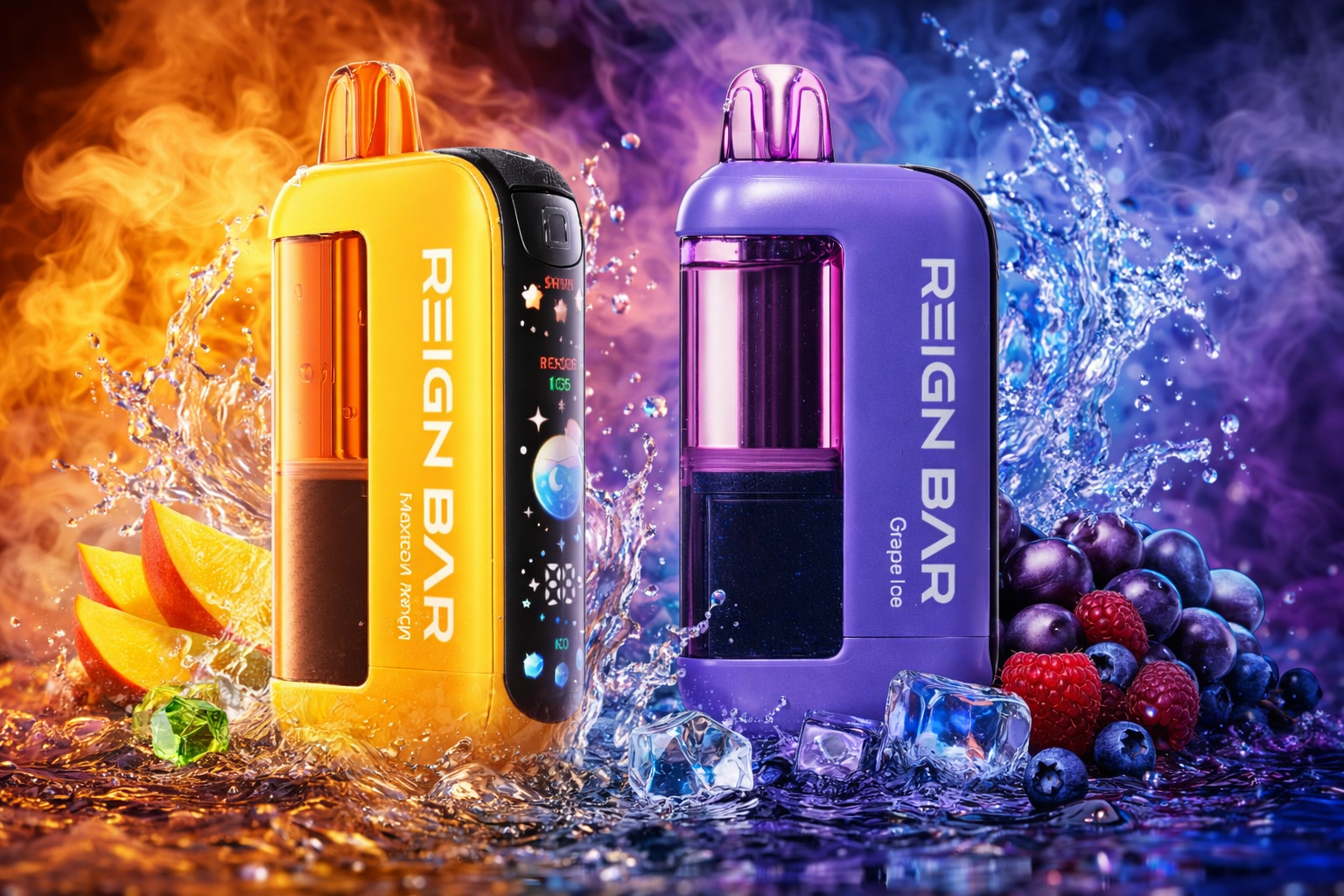 Two colorful “Reign Bar” vape devices stand side by side amid splashing water and vibrant smoke. The orange “Mango Peach” device glows against a fiery background with mango slices and green gems, while the purple “Grape Ice” device shines amid cool tones with ice cubes, blueberries, and raspberries. Both feature sleek, modern designs with transparent chambers and illuminated details, creating a dynamic contrast between warm and cool flavor themes.