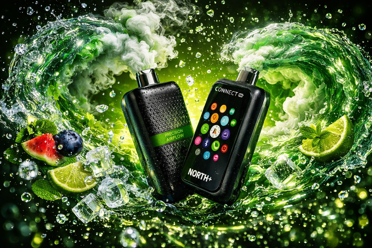 Two North+ Connect disposable vape devices showcased in a vivid, monochromatic lime-green product shot, with an intense swirling water vortex and glowing green smoke clouds framing both devices against a deep dark background. The left device features a matte black textured body with a 