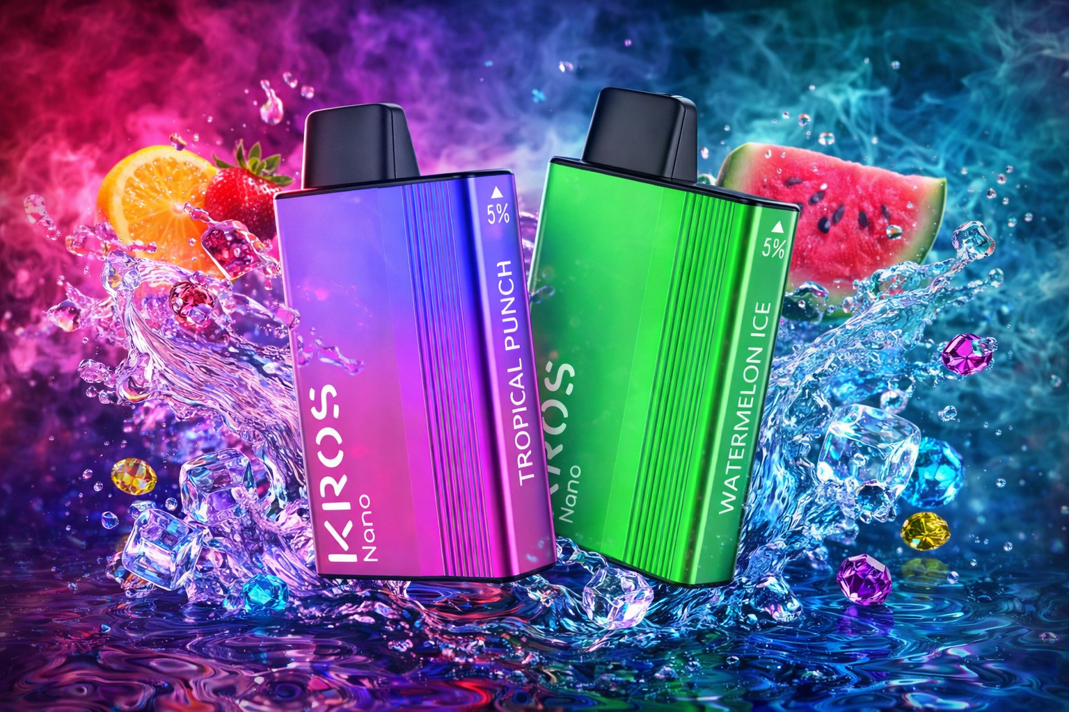 The image shows two colorful vape devices labeled “Kros Nano,” surrounded by splashing water, ice cubes, and bright fruit slices. The purple‑pink device features the flavor “Tropical Punch 5%,” while the green one highlights “Watermelon Ice 5%.” Vibrant pink, purple, and blue tones in the background create an energetic, refreshing atmosphere. The overall scene emphasizes bold flavor and a vivid, dynamic design.