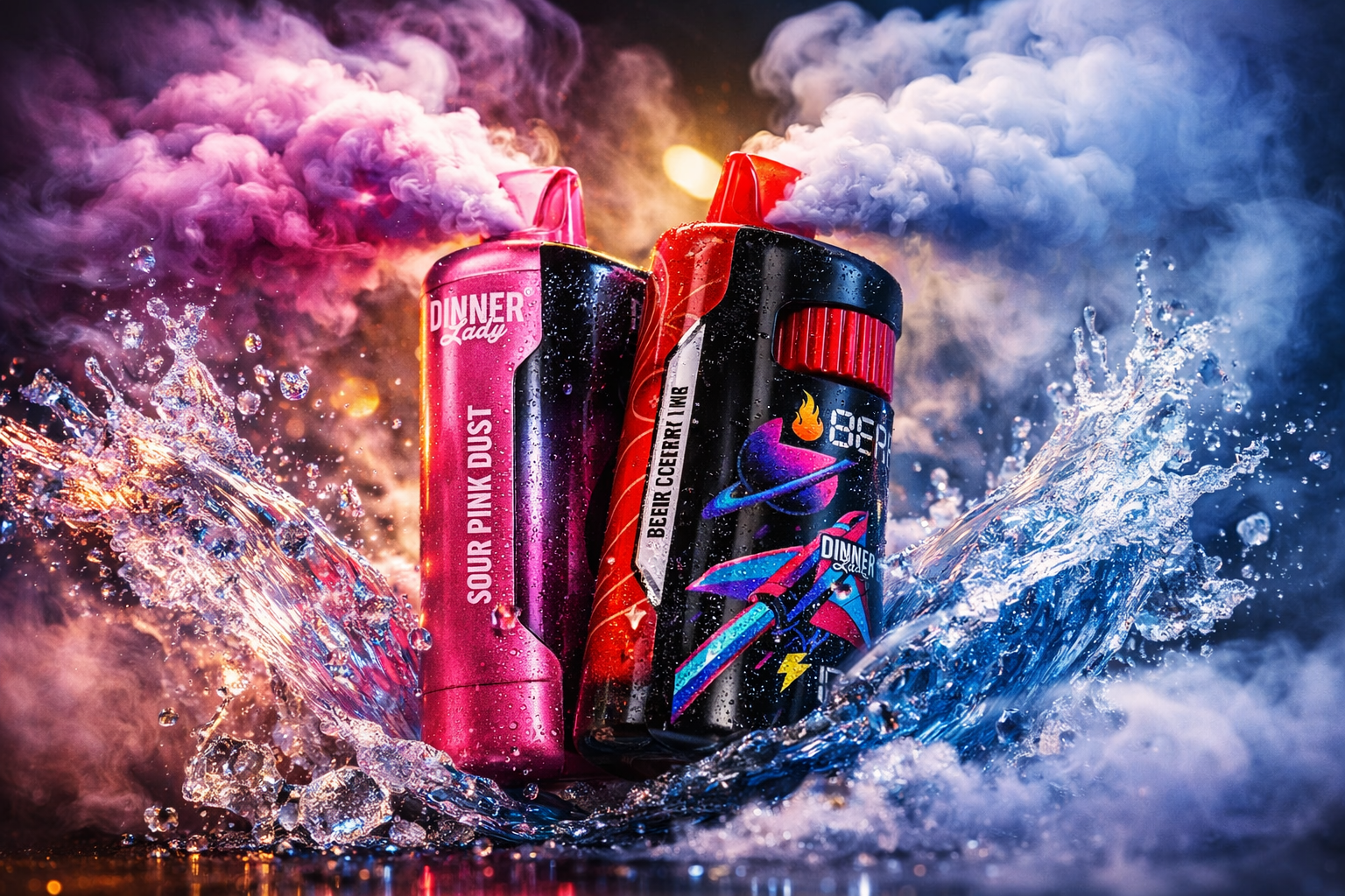 Two colorful vape bottles stand upright amid splashing water and swirling vapor. The left bottle features bright pink and purple tones, while the right bottle shows a darker red and black design with dynamic space‑themed graphics. Water droplets, mist, and motion effects create an energetic, high‑impact atmosphere around the products. The vivid lighting enhances the contrast between cool blue and warm red tones.
