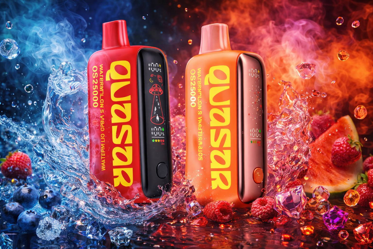The image shows two brightly colored vape devices labeled “quasar,” surrounded by splashing water, ice, and assorted fruits. The red and orange devices feature bold text and small futuristic icons on their front panels. Blue and red vapor effects in the background create a vivid, high‑energy contrast. The overall scene emphasizes fruity flavors, vibrant colors, and a dynamic, modern design.