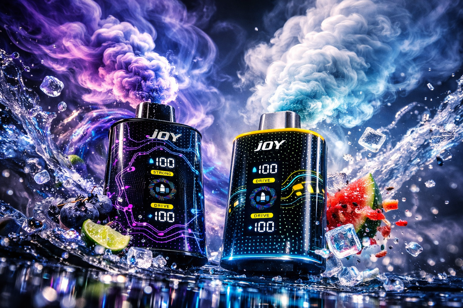 Two iJOY branded disposable vape devices photographed in a close-up, cinematic product shot against a deep cosmic blue background with dramatic swirling vapor clouds in purple and ice-blue tones. Both devices feature a sleek black body with glowing circuit-board style patterning — the left unit highlighted with purple neon accents and the right with yellow neon detailing — each displaying digital 