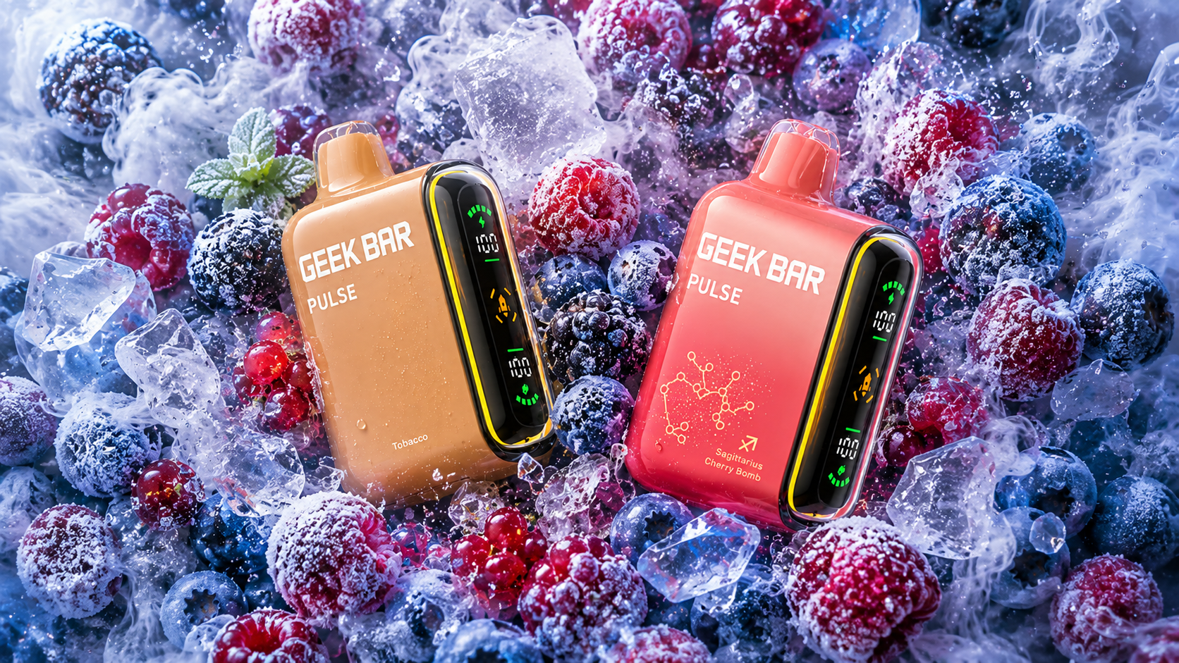 Two GEEK BAR PULSE vape devices rest among a bed of frozen berries and ice cubes, surrounded by frosty vapor. The left device, in warm golden brown, is labeled “Tobacco,” while the right one, in coral red, reads “Sagittarius Cherry Bomb” with a molecular graphic design. Both feature sleek digital screens displaying green indicators and a futuristic glow. The composition combines the chill of icy berries with the modern aesthetic of the devices, evoking freshness, flavor, and high‑tech style.