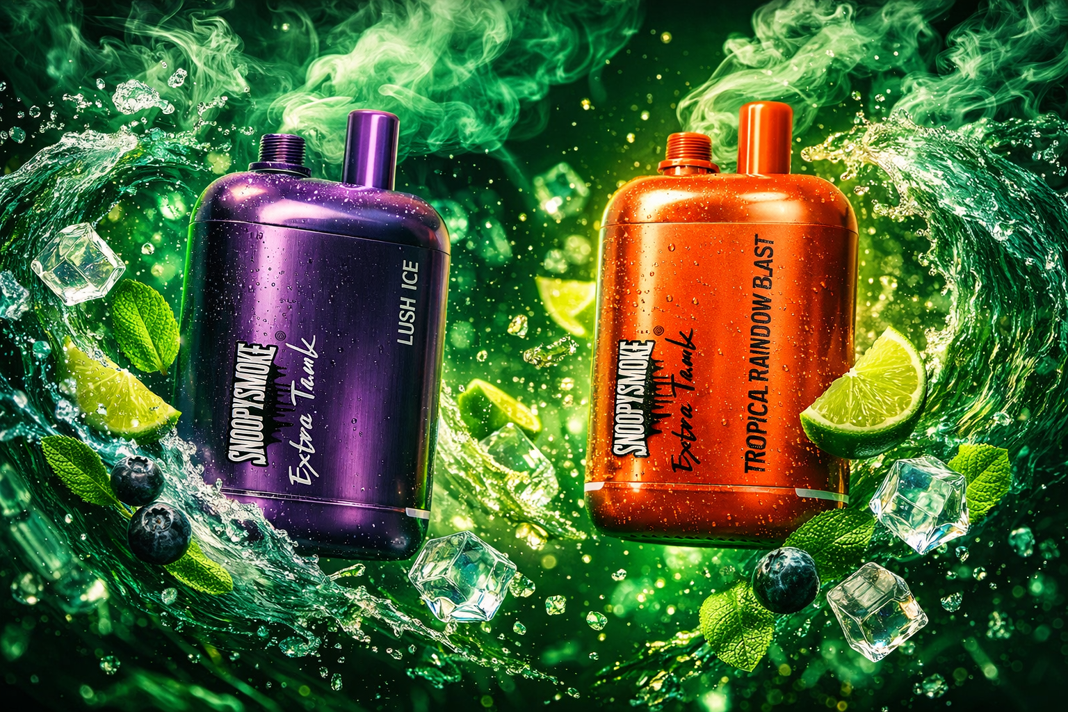 Two SnoopySmoke Extra Tank vape devices stand side by side against a vivid green backdrop filled with swirling water, vapor, and splashes of lime and mint. The left device is metallic purple labeled “Lush Ice,” while the right one glows in bright orange with “Tropical Rainbow Blast.” Around them, ice cubes, blueberries, and droplets create a dynamic sense of freshness and energy. The composition emphasizes vibrant color contrast and a cool, tropical aesthetic.