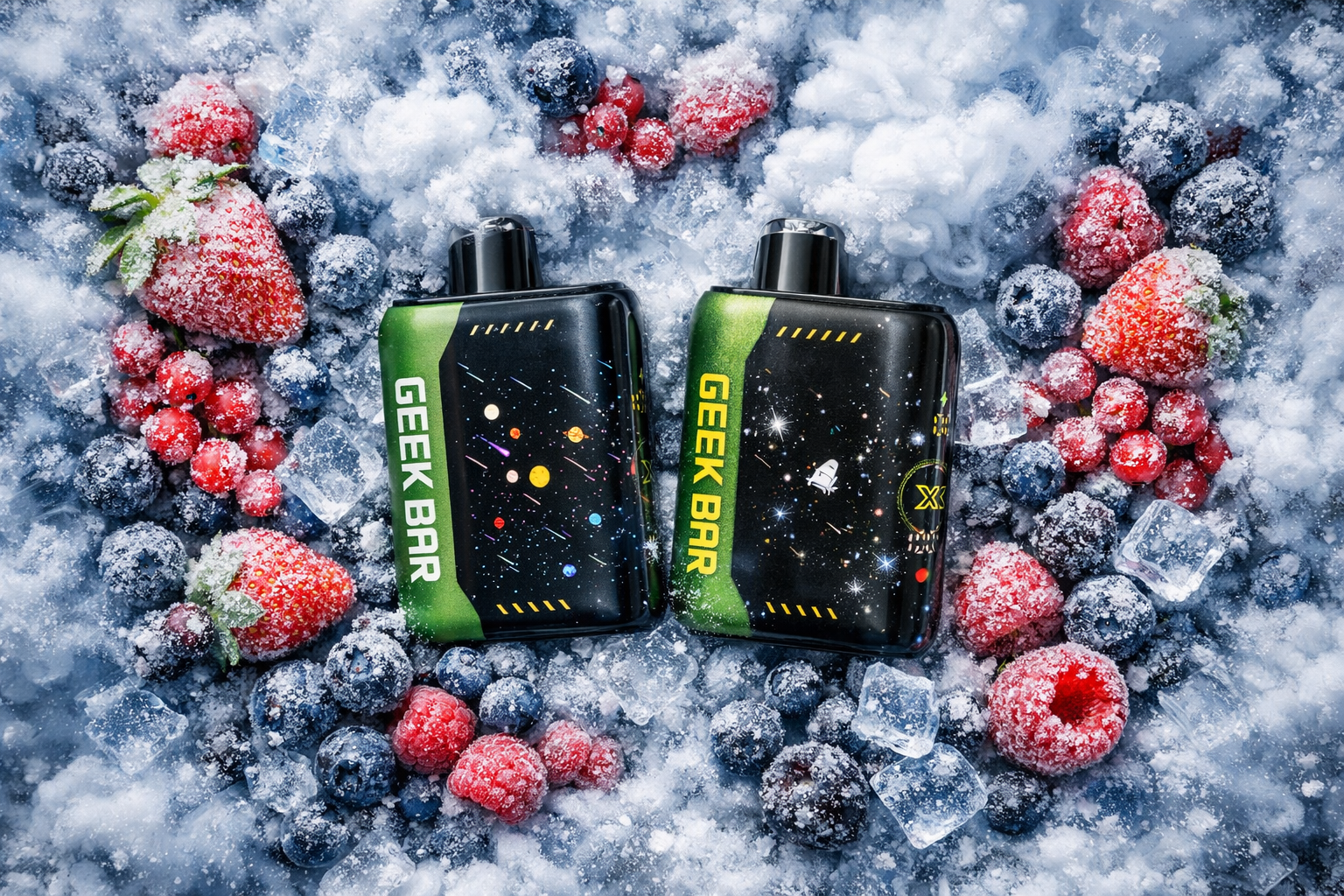 Two Geek Bar vape devices with green accents and cosmic designs lie on a frosty bed of mixed berries and ice cubes. Strawberries, blueberries, and raspberries are covered in frost, creating a cold, refreshing atmosphere. The sleek black devices feature space‑themed graphics with stars, planets, and spacecraft, contrasting against the vibrant fruit background. The composition emphasizes coolness, flavor, and futuristic style through vivid color and icy texture.