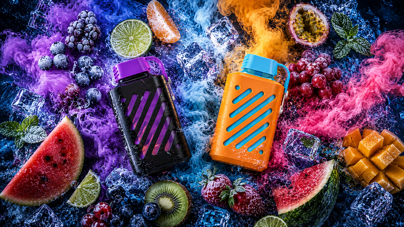 Two colorful bottles lie among a vivid arrangement of fruits, ice cubes, and swirling colored mist. The left bottle is black with purple accents, surrounded by watermelon slices, lime, blueberries, and mint leaves, evoking a cool, fruity freshness. The right bottle is orange with blue details, placed near strawberries, grapes, mango cubes, and passion fruit, symbolizing tropical sweetness and energy. The composition bursts with vibrant color and dynamic motion, creating a lively, refreshing atmosphere full of flavor and contrast.