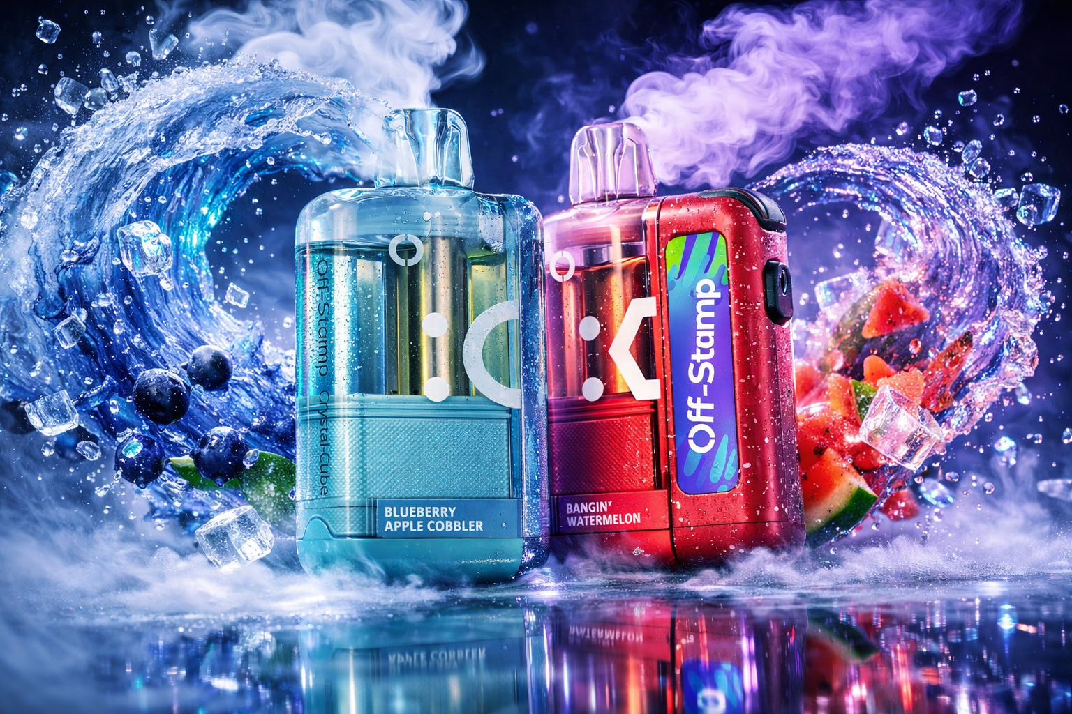 Two “Off-Stamp” vape devices stand side by side amid swirling waves of vapor, water, and fruit. The left device glows in icy blue tones labeled “Blueberry Apple Cobbler,” surrounded by blueberries, mint leaves, and ice cubes, while the right one shines in warm red hues labeled “Bangin’ Watermelon,” with watermelon slices and ice splashes around it. Both emit soft clouds of vapor against a dynamic background of blue and purple waves, symbolizing freshness and flavor. The composition emphasizes contrast between cool and warm tones, creating a vibrant, energetic aesthetic.