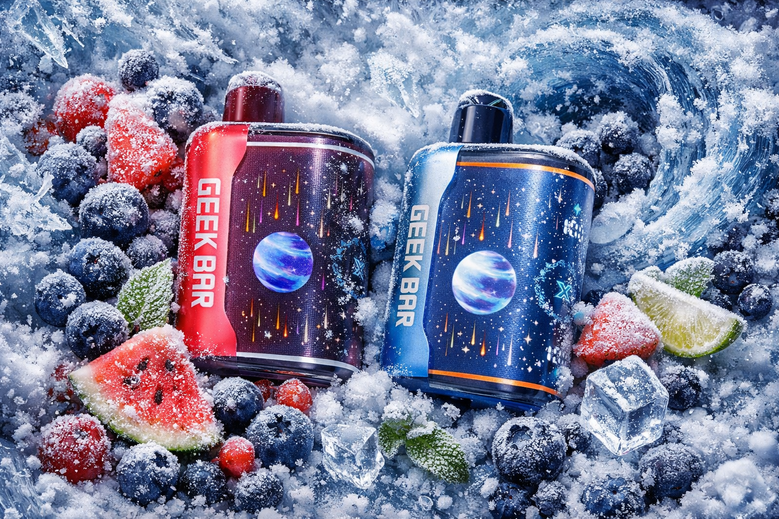 Two Geek Bar vape devices—one red and one blue—rest on a frosty bed of ice, blueberries, strawberries, and watermelon slices. Each device features a cosmic design with a glowing planet and streaks of light, evoking a futuristic, space-inspired aesthetic. The frozen fruits and ice crystals create a cold, refreshing atmosphere, emphasizing the cool flavor theme. The composition contrasts warm red and cool blue tones, symbolizing dual sensations of intensity and chill.