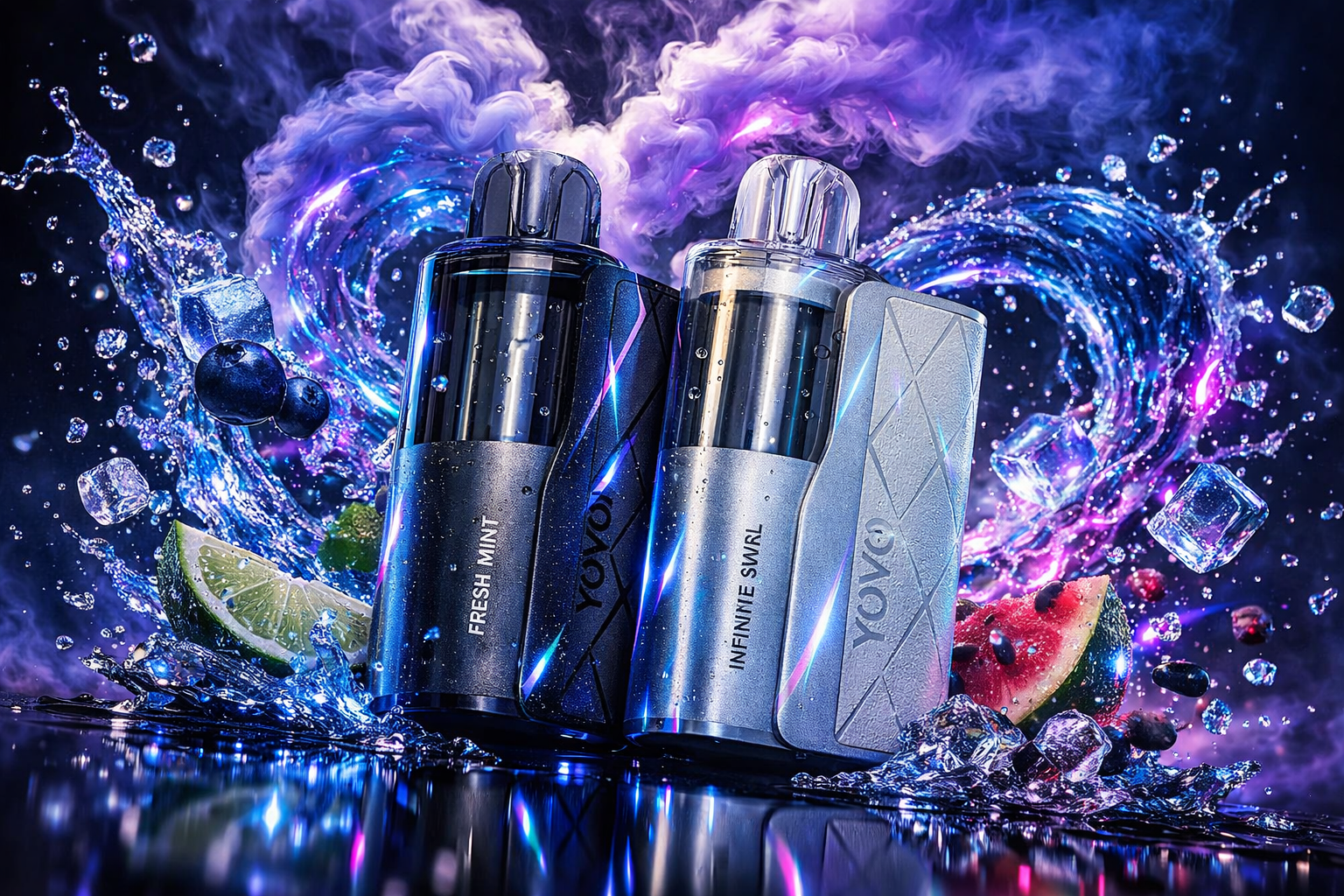 A sleek product advertisement for two YOVO disposable vape devices — a dark charcoal 
