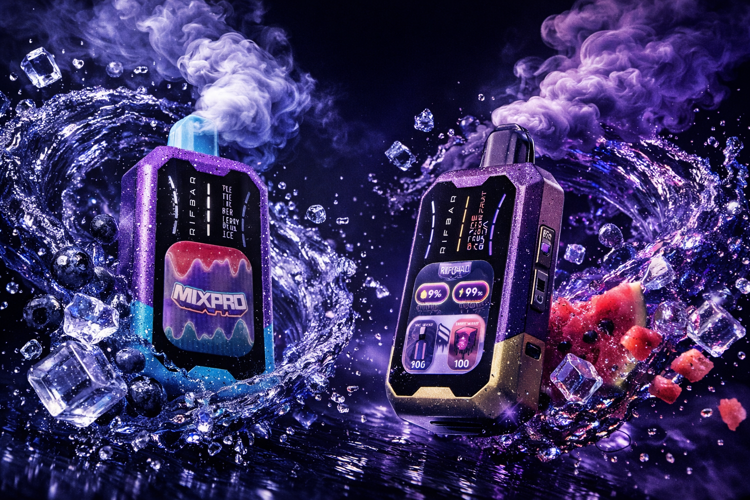 Two “Rifbar MixPro” vape devices stand side by side amid swirling waves of vapor, water, and ice. The left device glows in turquoise and purple tones labeled “Blue Razz Ice,” while the right one shines in gold and purple hues labeled “Double Apple Guava Fruit.” Around them are ice cubes, blueberries, and watermelon pieces, creating a dynamic sense of freshness and flavor. The composition emphasizes energy, modern design, and vibrant color contrast through motion and light.