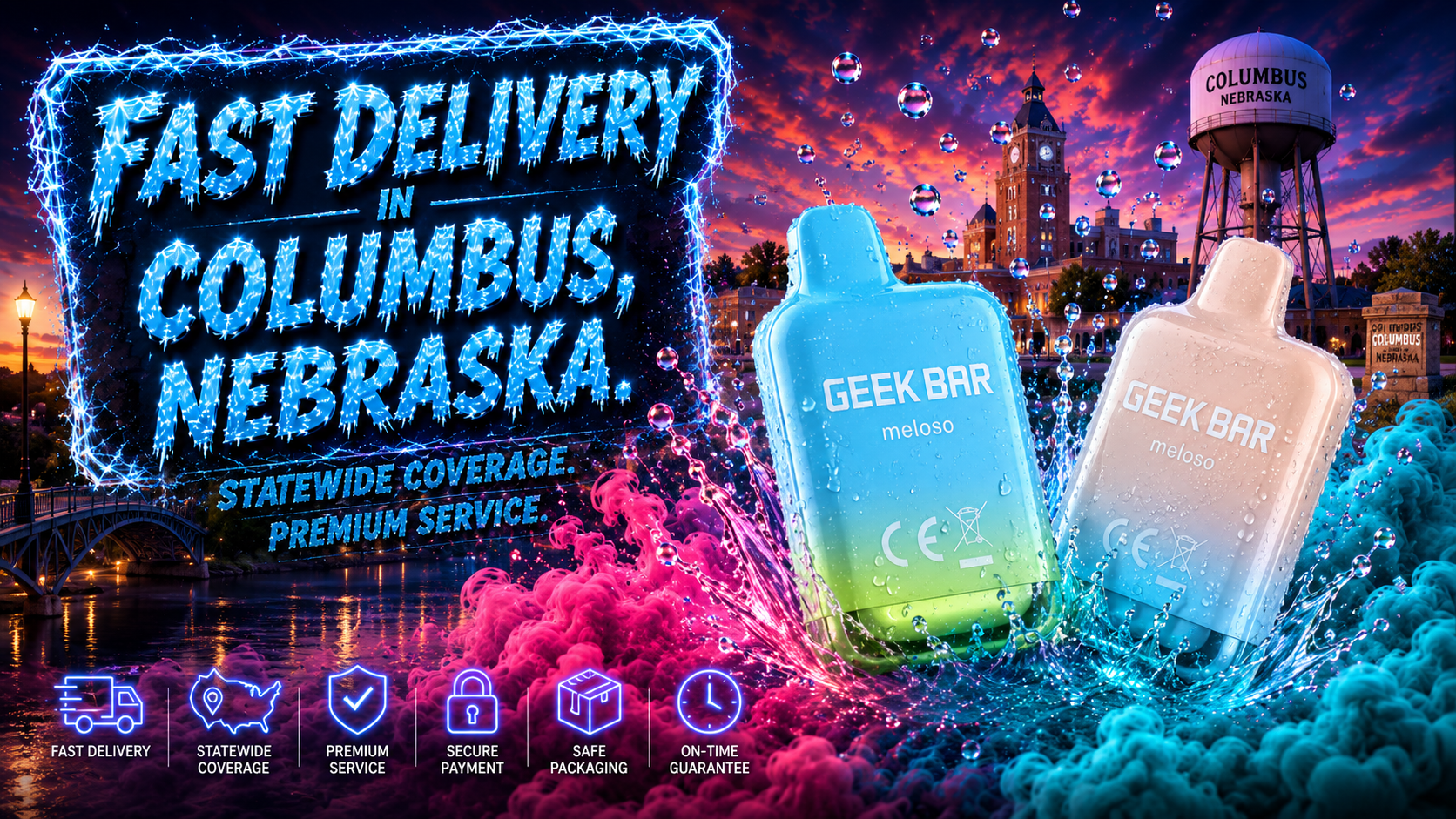Two colorful GEEK BAR meloso vape devices are displayed in front of a scenic Columbus, Nebraska backdrop. The vibrant sunset, water tower, and city landmarks highlight fast delivery and premium statewide service. The dynamic composition emphasizes bold design, freshness, and energetic branding.