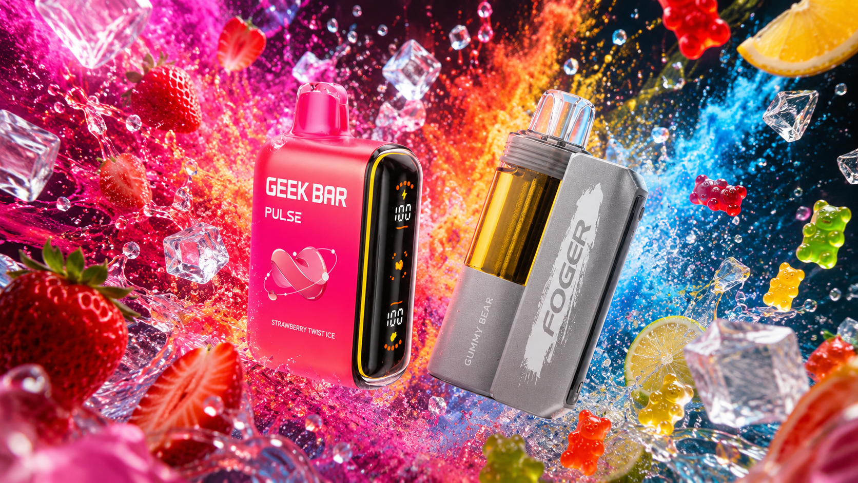 Two colorful vape devices are surrounded by splashes of liquid, fruit, and ice cubes. The pink device labeled “GEEK BAR PULSE” features the flavor “STRAWBERRY TWIST ICE,” while the gray device labeled “FOGER” highlights the flavor “GUMMY BEAR.” Bright strawberries, lemon slices, gummy bears, and ice cubes float in a dynamic explosion of color, emphasizing fruity sweetness and energetic design.
