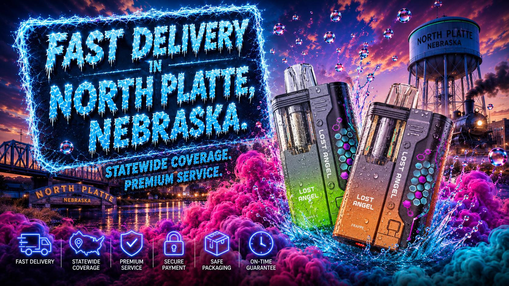 Two vibrant LOST ANGEL vape devices are displayed in a dynamic, neon‑colored scene. Bright pink and blue vapor clouds swirl around North Platte landmarks like the water tower, bridge, and train, emphasizing local identity. The energetic composition highlights bold design, fruity freshness, and fast statewide delivery service in Nebraska.