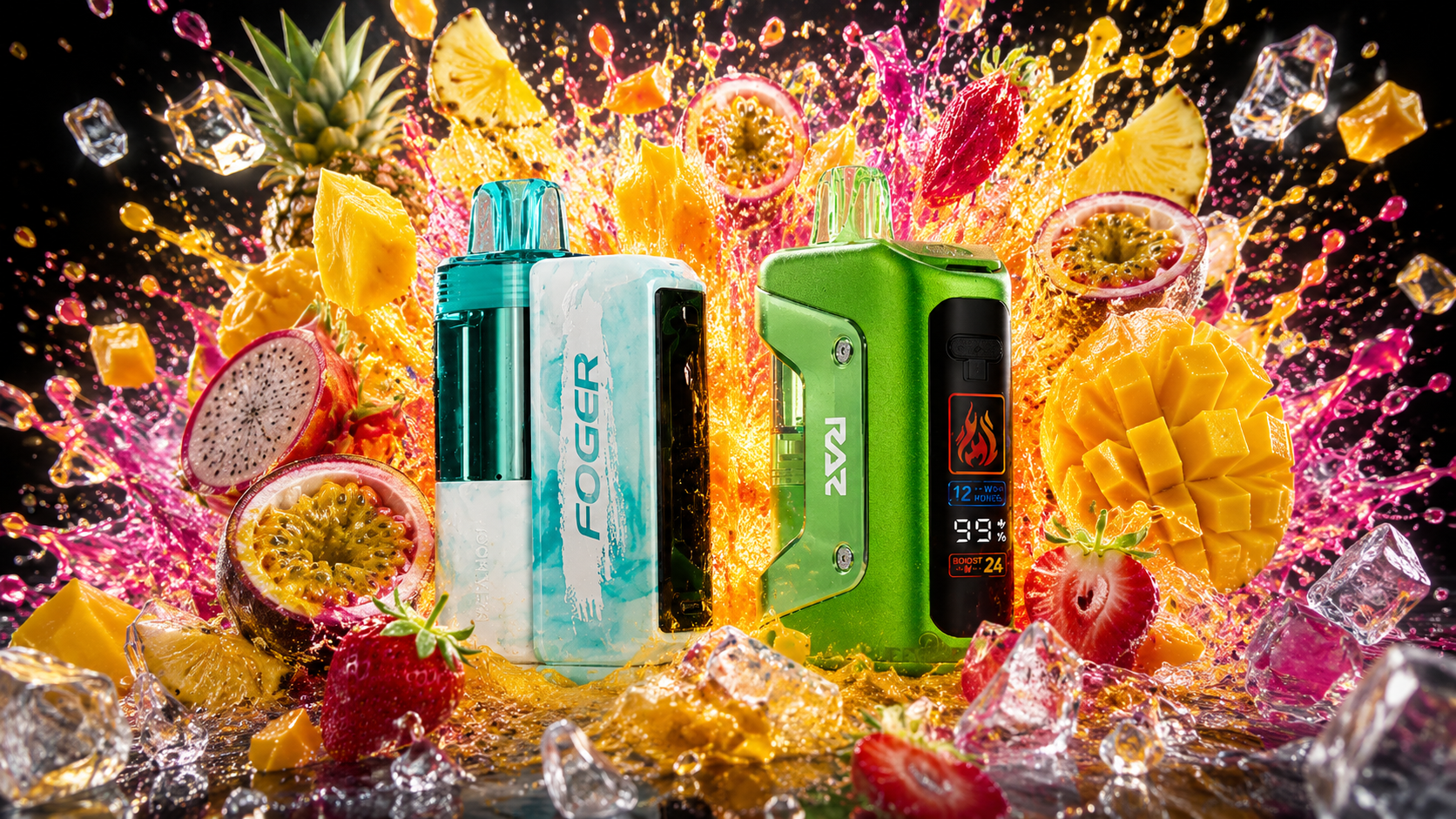 Two colorful vape devices stand side by side on icy crystal-like formations with splashes of vivid fruit juices. The turquoise-and-white FOGER contrasts with the metallic green RAZ, which displays digital indicators including “12 W POWER,” “99%,” and “BOOST 24.” Surrounding them are pineapple, mango, passion fruit, dragon fruit, strawberries, and ice cubes, creating a bold, energetic scene of fruity freshness.