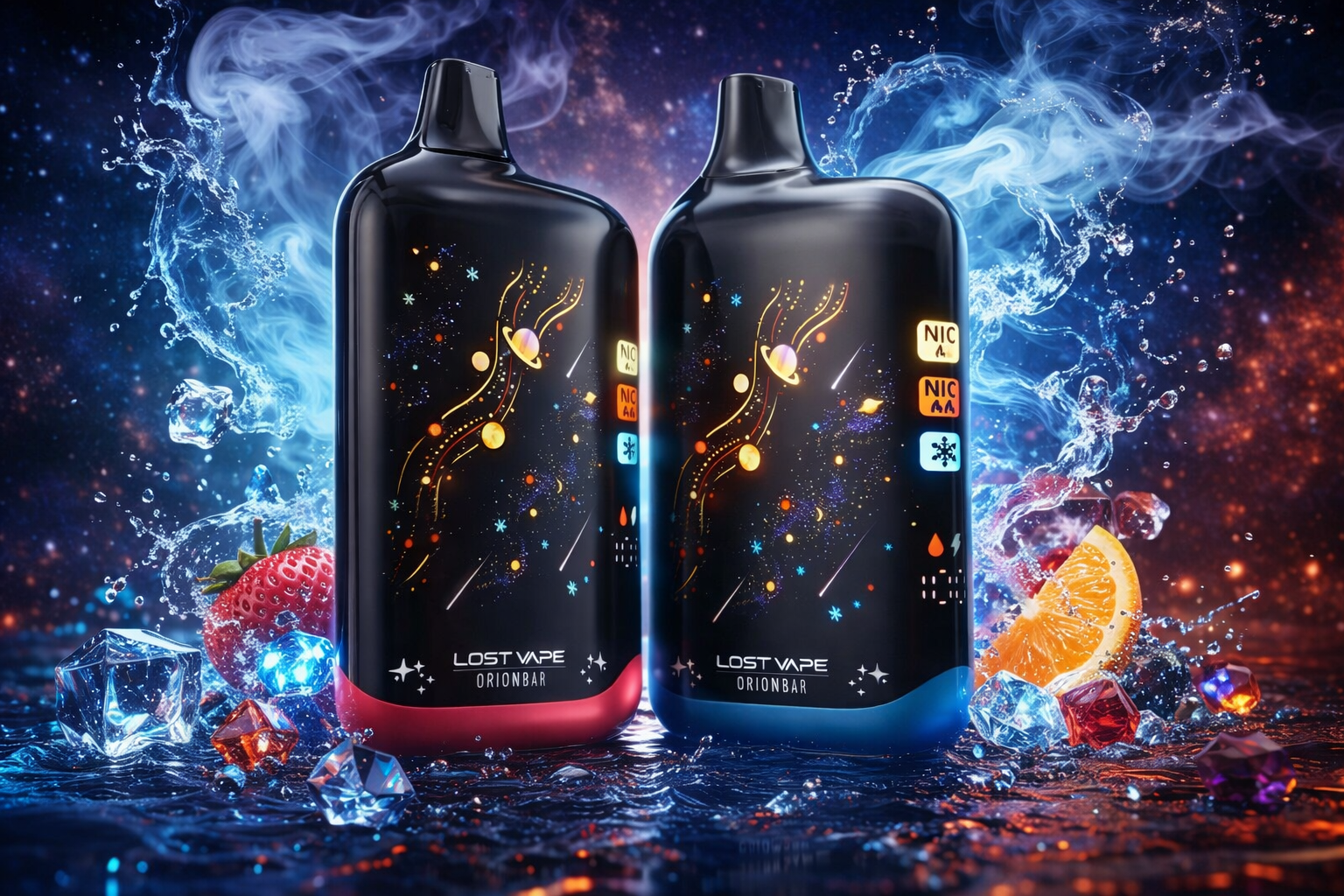 The image features two black vape devices with vibrant cosmic artwork, including planets, stars, and swirling nebula‑like patterns. One device has a red base and the other a blue base, both labeled “Lost Vape Orionbar.” Splashes of water, smoke, and floating ice cubes create a dynamic, space‑inspired atmosphere. A strawberry and an orange slice at the bottom hint at fruity flavor notes within the scene.