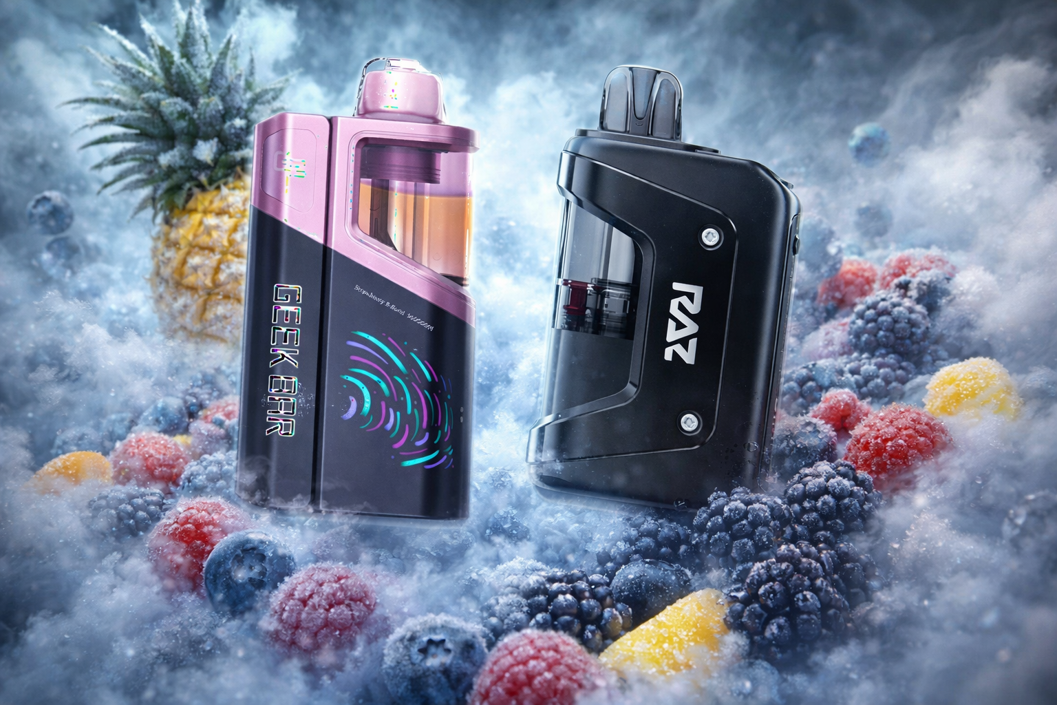 The photo shows two vaping devices placed among frozen berries and a pineapple in a misty, frosty environment. The left device is pink and black labeled “GEEK BAR” with a colorful circular pattern, while the right one is black labeled “RAZ” printed vertically. Surrounding frozen blueberries, raspberries, blackberries, and pieces of yellow fruit with vapor create a cool, icy composition that emphasizes fruity freshness and a refreshing theme.