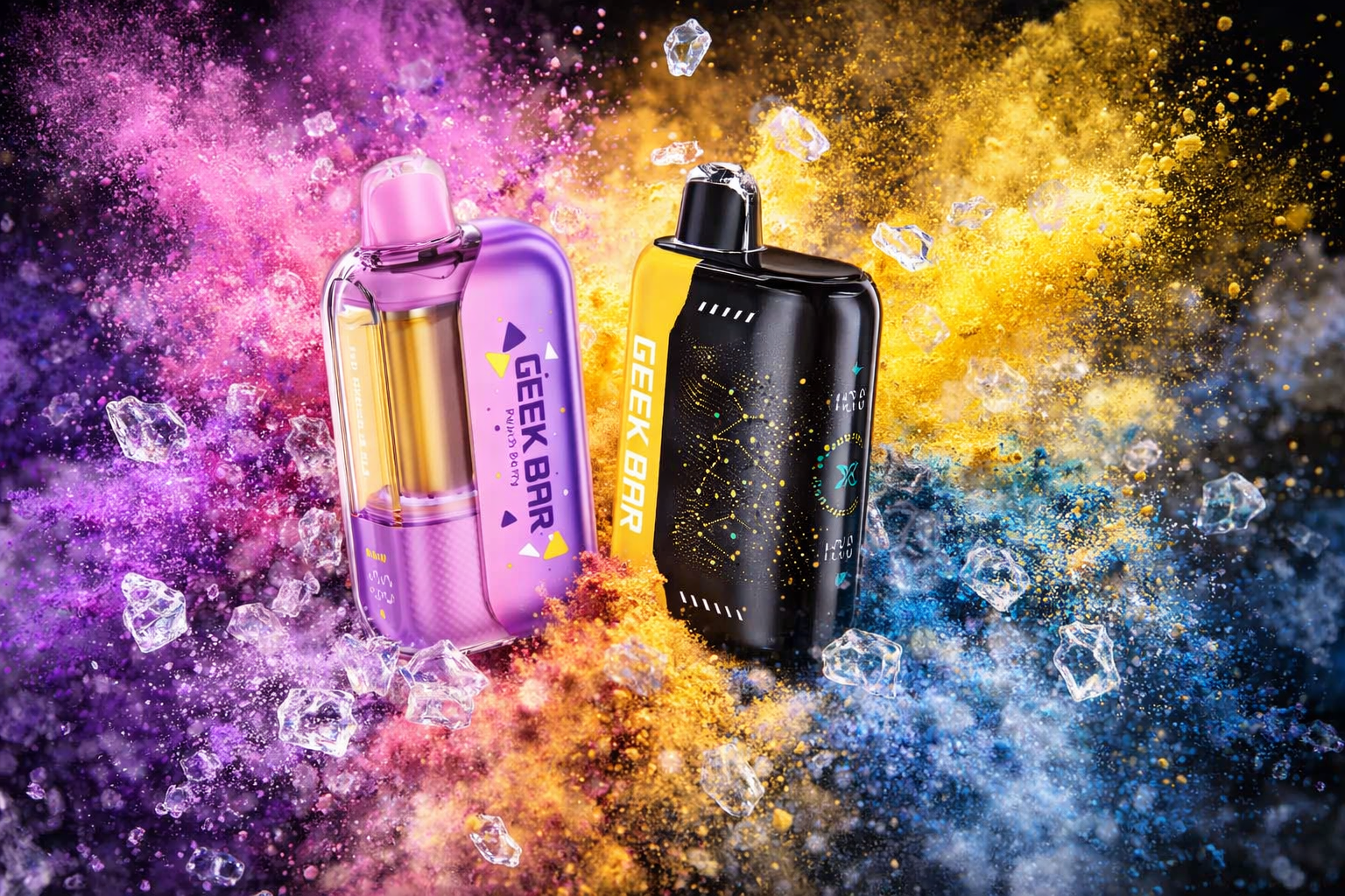 The photo shows two colorful vape devices labeled “GEEK BAR” placed in a dynamic composition with scattered ice cubes and vibrant clouds of powder. The left device is purple with yellow accents marked “Pump & Berry,” while the right one is black with yellow and blue accents labeled “Mango Ice.” Bright bursts of purple, pink, yellow, and blue powder create a striking contrast that emphasizes bold flavors and energetic visual appeal.