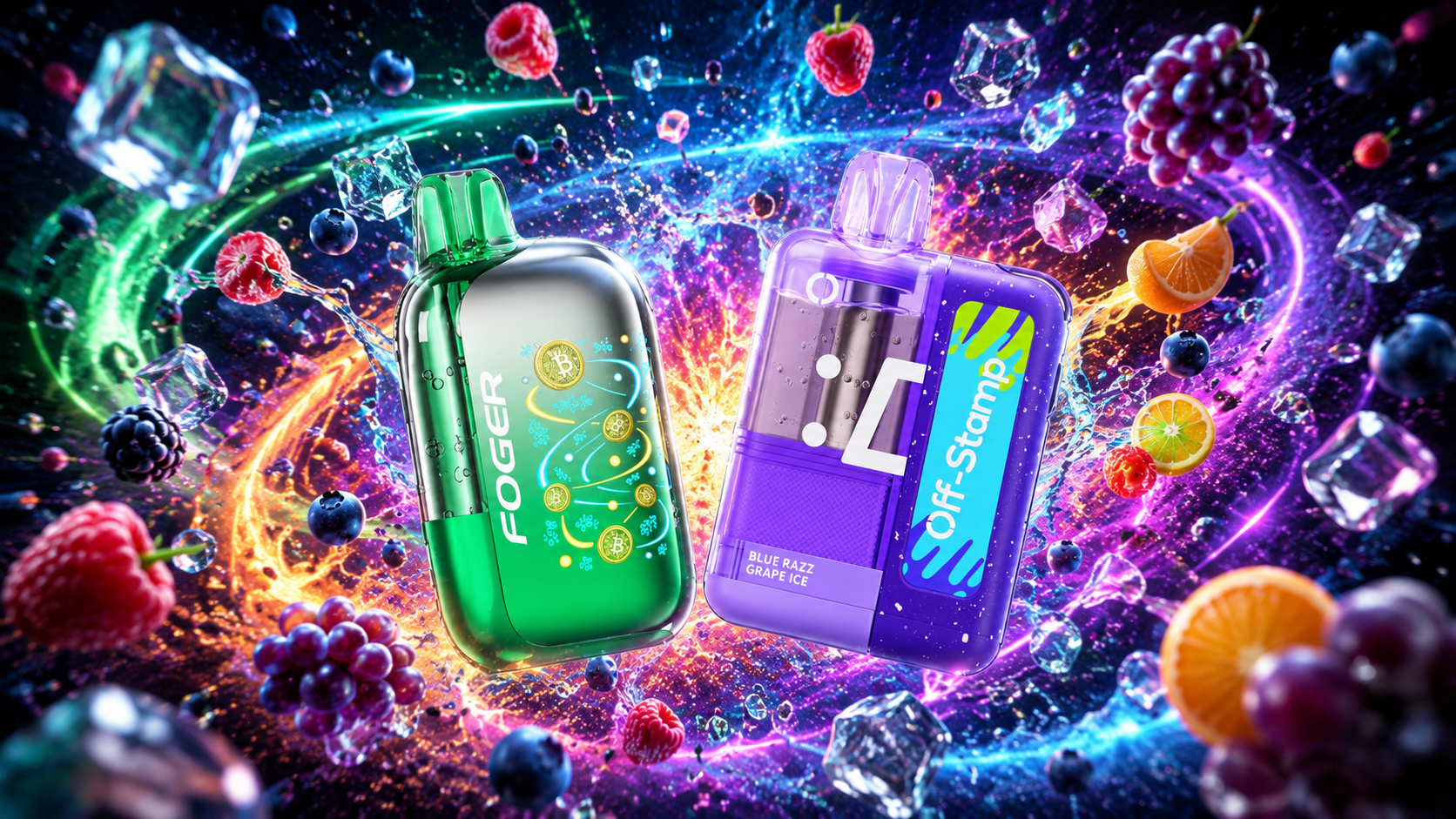 Two vibrant vape devices stand out against a dynamic explosion of color and fruit. The metallic green FOGER device glows with golden coin-like accents, while the purple Off-Stamp model highlights its “BLUE RAZZ GRAPE ICE” flavor. Surrounding them are raspberries, blueberries, grapes, orange slices, and ice cubes swirling in a bold, energetic composition that emphasizes freshness and intensity.