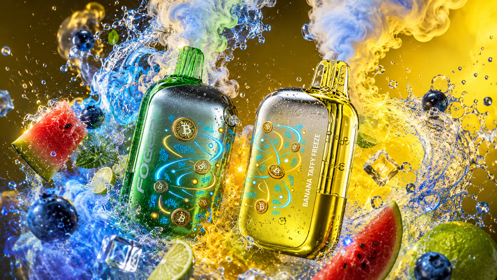 Two metallic vape devices stand side by side amid splashing water, fruit, and ice cubes against a bright yellow background. The green “FOGG” device and the gold “Banana Taffy Freeze” device feature glowing digital graphics with Bitcoin symbols and swirling blue light patterns, giving a futuristic look. Around them are watermelon slices, blueberries, lime wedges, and mint leaves, captured mid-motion in a dynamic, refreshing composition. The image combines technology and flavor, evoking energy, innovation, and cool tropical freshness.