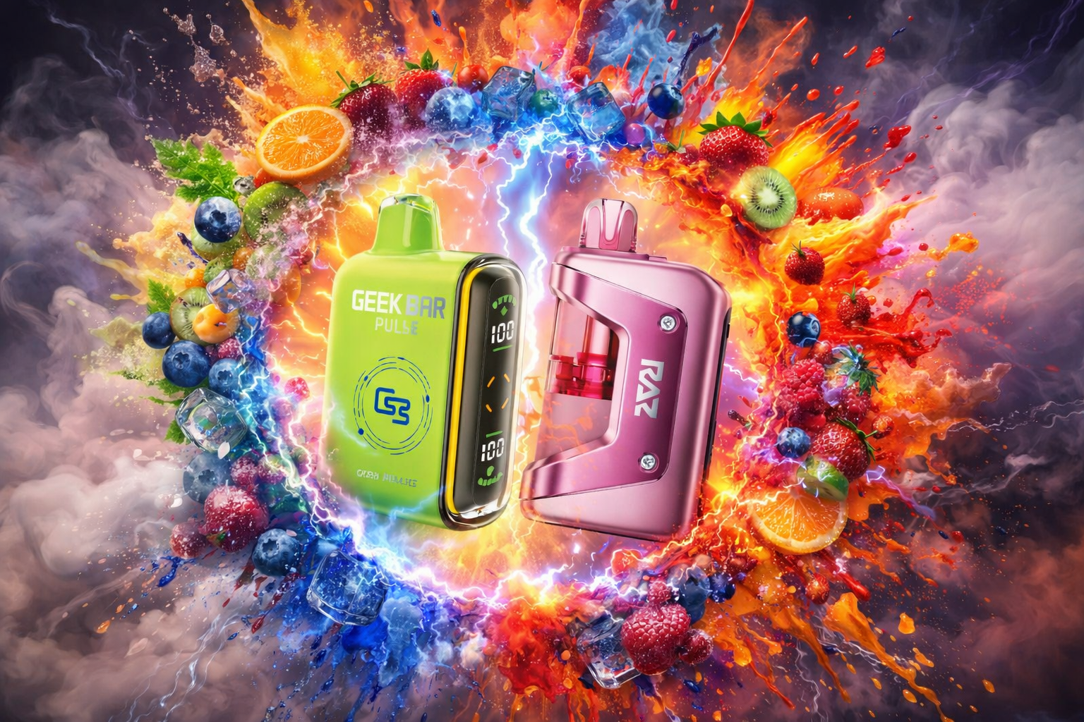 The photo shows two brightly colored vape devices surrounded by a vivid explosion of fruits, ice cubes, and glowing energy effects. The neon green device is labeled “GEEK BAR PULSE” with a digital display showing “100,” while the metallic pink one reads “RAZ” and reveals its internal chamber. Dynamic swirls of oranges, blueberries, strawberries, raspberries, kiwis, and mint leaves burst outward in smoky clouds and electric light, creating a striking composition full of flavor and intensity.