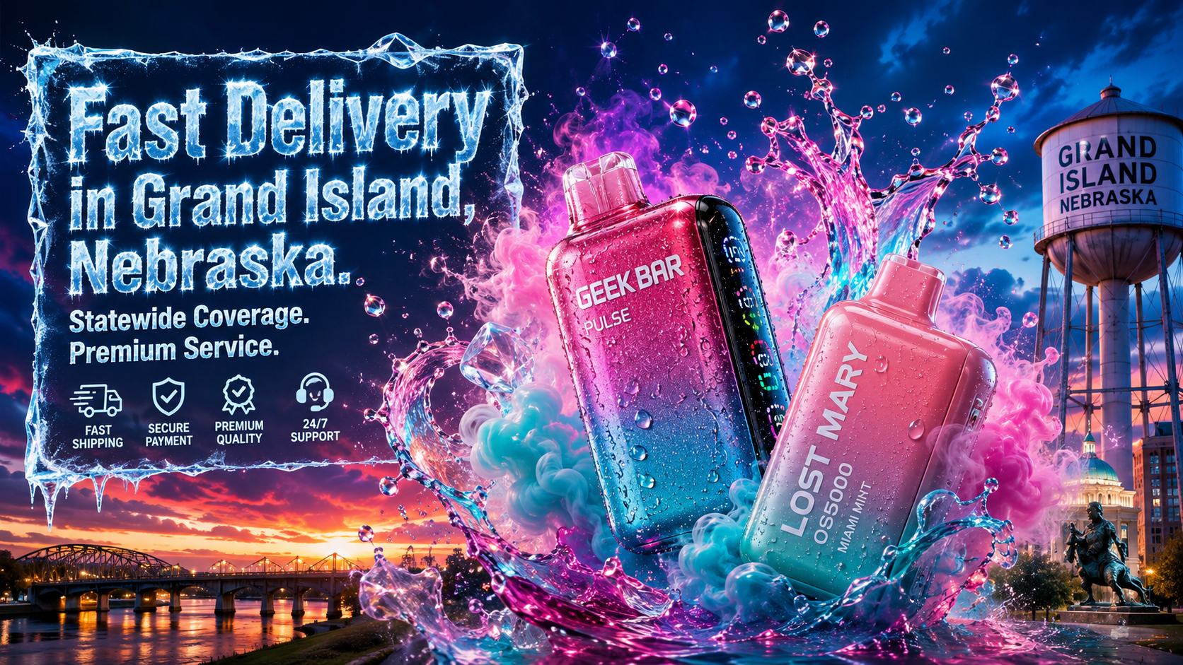 Two colorful vape devices labeled “GEEK BAR PULSE” and “LOST MARY OS5000 MIAMI MINT” are displayed against the Grand Island skyline at sunset. Dynamic splashes of liquid and glowing effects surround the products, creating a vibrant and eye‑catching look. Bold text highlights fast delivery, statewide coverage, and premium service in Nebraska.
