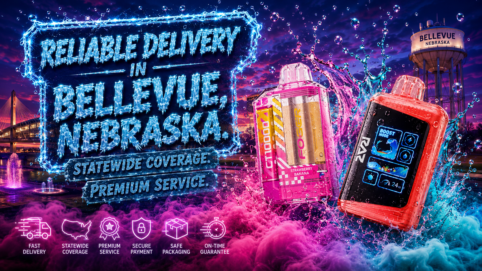 Two vibrant vape devices splash in neon-lit water effects with the Bellevue skyline in the background. The products, labeled “FOGGER CT10000 Strawberry Banana” and “RAZ Boost Mode,” stand out in a dynamic composition. Bold text highlights reliable delivery, statewide coverage, and premium service in Nebraska.
