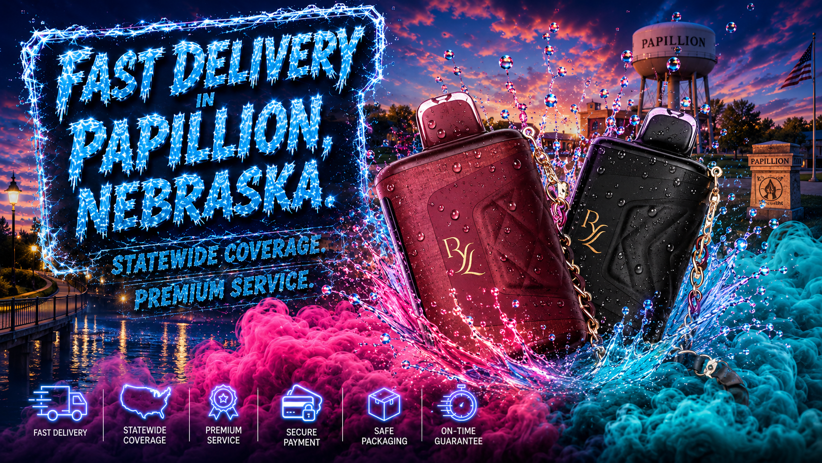 Two luxury items with gold “RL” initials are displayed in a vibrant promotional scene. The red and black designs with chain straps stand out against colorful splashes of pink, blue, and purple, set before Papillion landmarks like the city entrance sign and water tower. The dynamic composition highlights premium branding, freshness, and fast statewide delivery service in Nebraska.