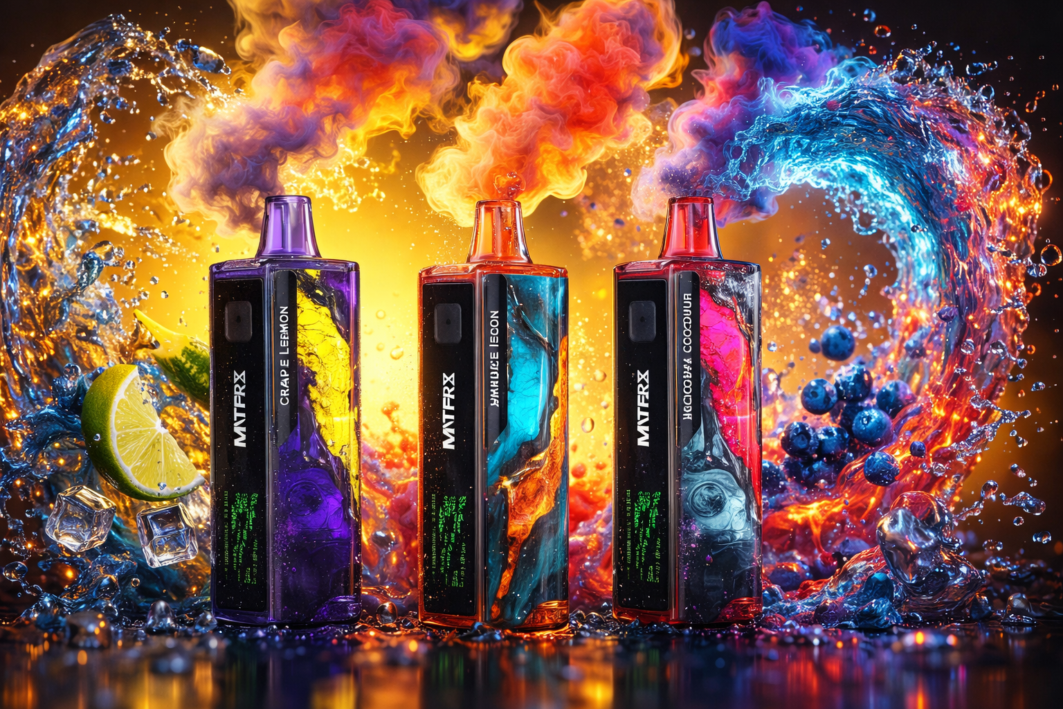Three “MATRX” vape devices stand upright amid a dynamic splash of colorful liquid, vapor, and fruit. The purple “Grape Lemon,” orange “Marshmallow Lemon,” and red “Blueberry & Coconut” devices emit vibrant clouds of smoke against a fiery yellow background. Around them swirl waves of water, ice cubes, lime slices, and blueberries, creating a sense of motion and freshness. The composition highlights bold color contrast, energy, and modern design, evoking flavor intensity and visual excitement.