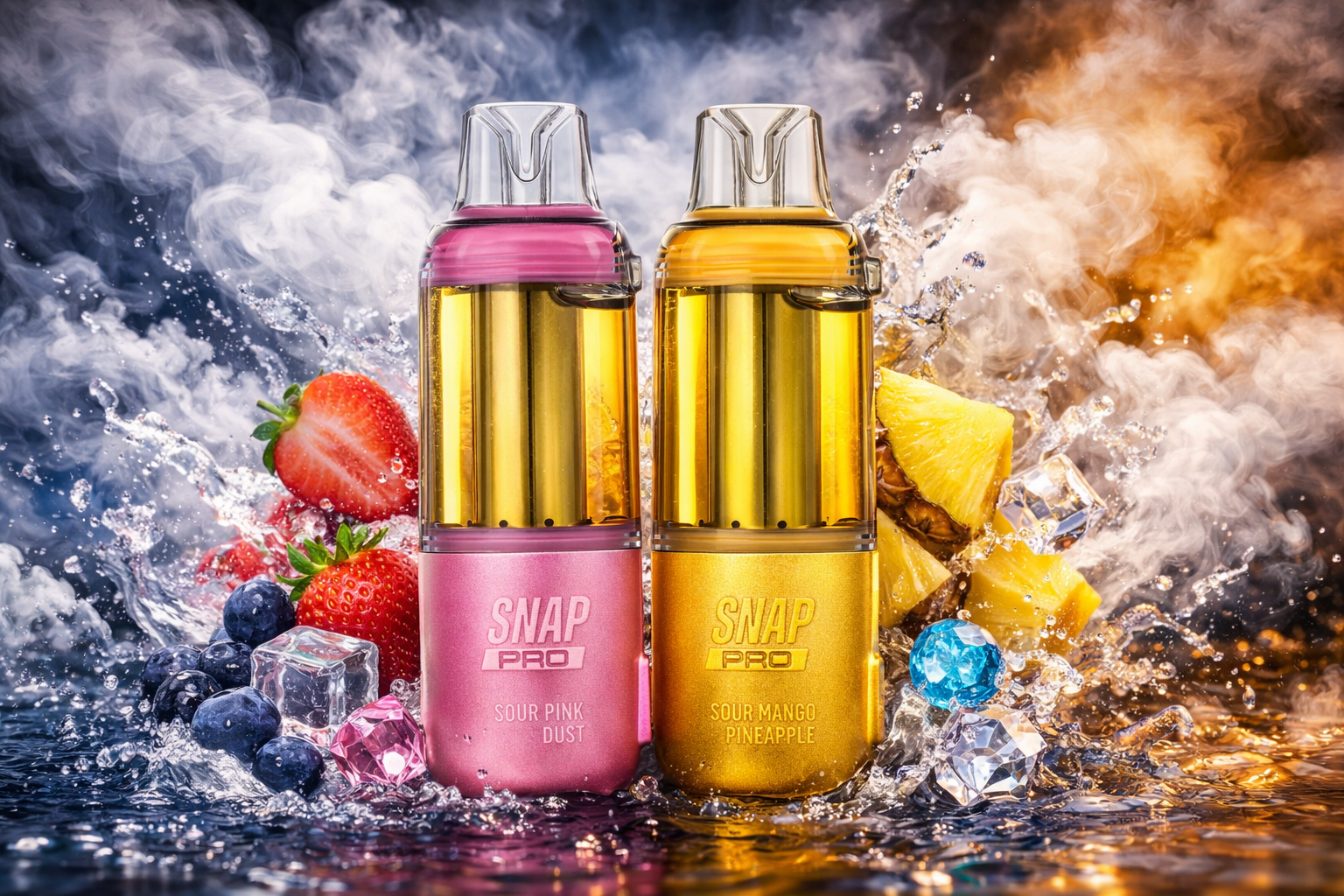 The image shows two vape devices labeled “Snap Pro,” surrounded by splashing water, fruit pieces, and mist. The pink device is paired with strawberries, blueberries, ice cubes, and a pink crystal, while the gold device appears with pineapple slices, ice, and a blue crystal. Vibrant lighting and swirling vapor create a dynamic, energetic atmosphere. The overall scene highlights bold fruity flavors and a colorful, modern aesthetic.