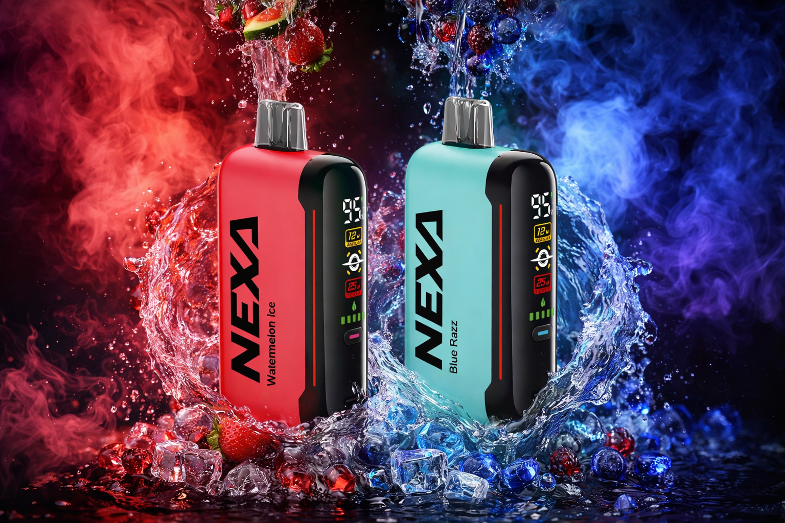 Two NEXA vape devices stand side by side amid splashing water and colorful smoke. The red “Watermelon Ice” device is surrounded by strawberries and ice cubes, while the turquoise “Blue Razz” device is framed by blue berries and cool mist. Both feature digital displays with glowing indicators, creating a vibrant contrast between warm red and cool blue tones that evoke freshness and energy.