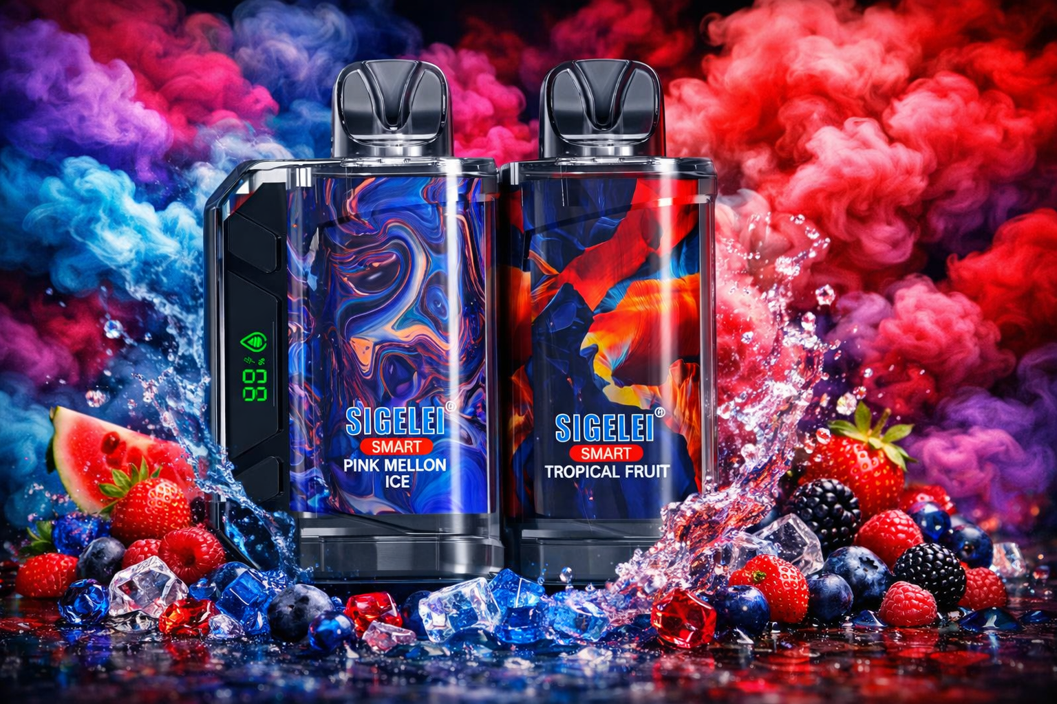 The image shows two colorful vape devices labeled “Sigelei Smart,” surrounded by splashing water, ice cubes, and a mix of berries and watermelon slices. The left device features pink melon ice branding with a green digital display reading “88,” while the right device highlights a tropical fruit theme. Vibrant clouds of red, blue, purple, and pink smoke create a dynamic, energetic background. The overall scene emphasizes freshness, bold flavors, and a vivid, high‑impact aesthetic.