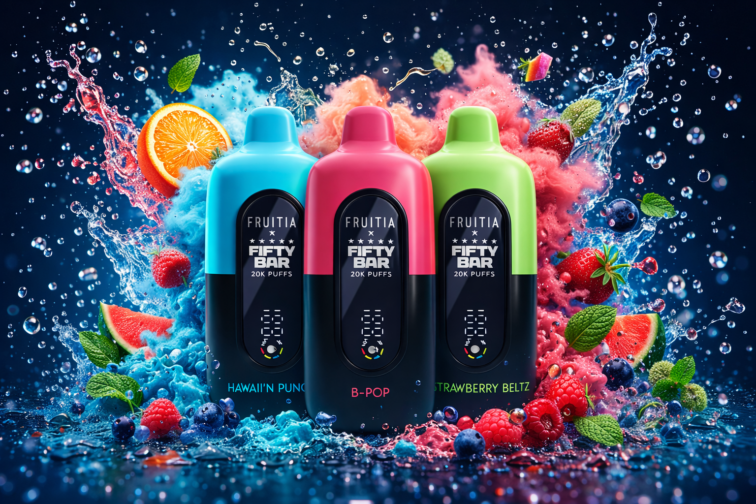 Three Fruitia Fifty Bar 20K Puffs vape devices—colored light blue (Hawaii'n Punch), pink (B-Pop), and green (Strawberry Beltz)—are lined up against a dark background. They are engulfed in a vibrant, symmetrical explosion of blue and pink smoke clouds, splashing water, and flying fresh fruits like strawberries, raspberries, blueberries, and citrus slices. Each sleek black device features a digital display screen at the bottom showing battery and liquid levels.