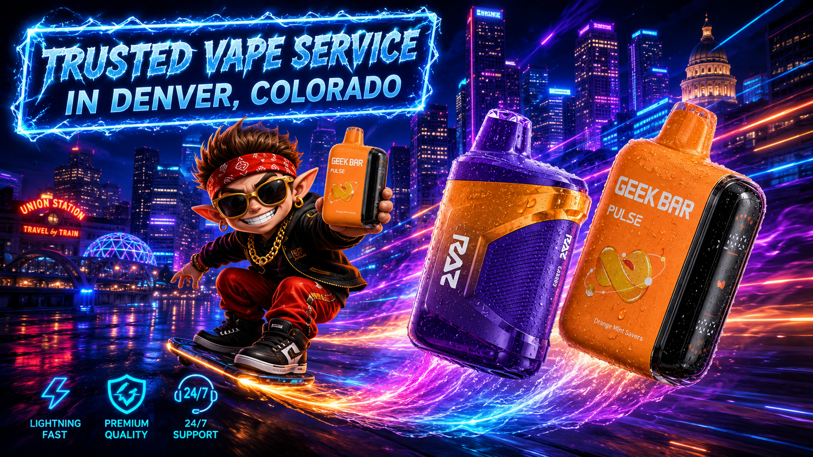 Purple RAZ and orange Geek Bar vapes with water droplets. Bright colors stand out. Denver skyline shines behind.