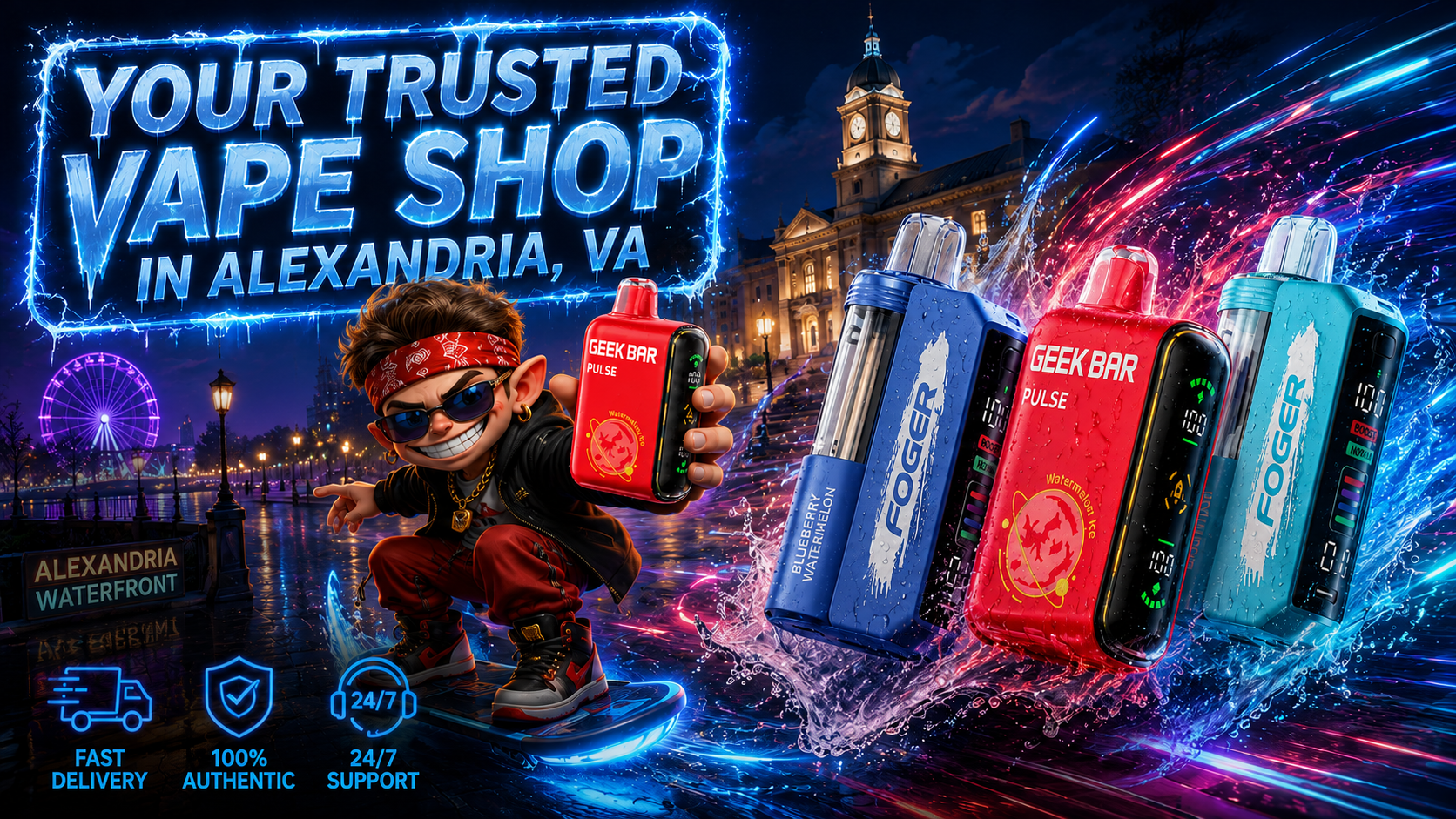 This striking promotional banner features premium Geek Bar and Foger disposable vapes racing through a vibrant nighttime Alexandria, VA cityscape with glowing energy trails and splashing water effects. A stylish fantasy character presents a Geek Bar device in the foreground beneath the bold headline, 